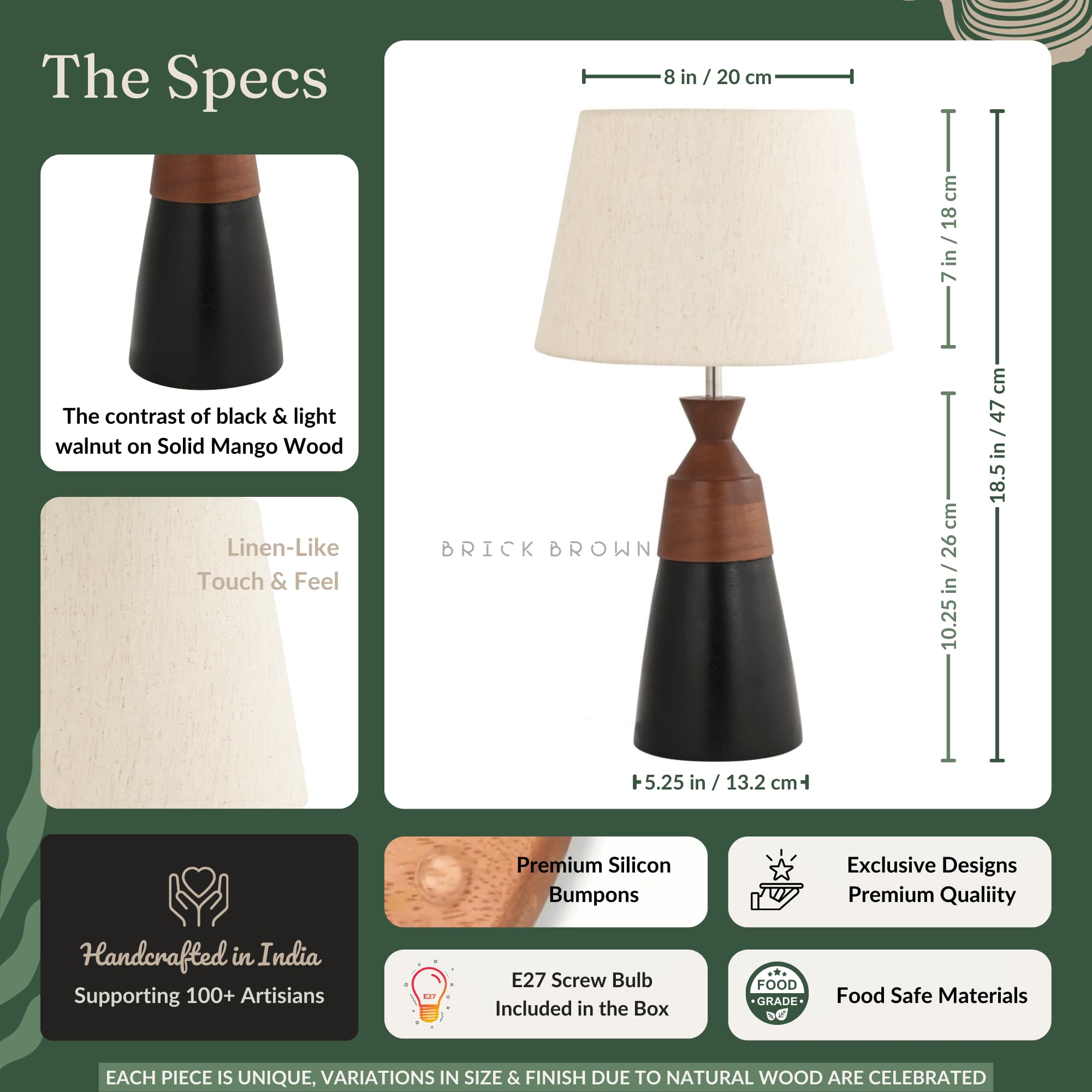 Premium Wooden Walnight Lamp with Shade & Bulb - Brick Brown® Bedside Table Lamp for Bedroom, Living Room & Study | Warm Ambient Lighting for Reading, Relaxation & Home Decor