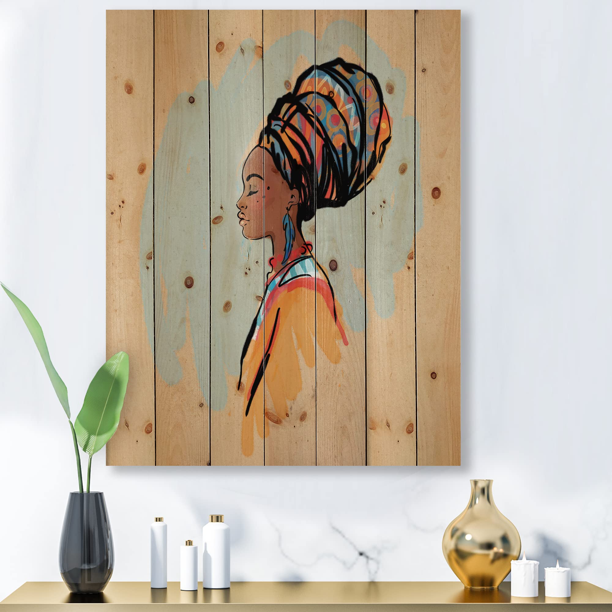 Modern Afro American Woman Portrait with Turban - Contemporary Wood Wall Art Decor, Beige Large Wood Panel Print on Natural Pine - Perfect for Living Room, Bedroom & Office Wall Decor