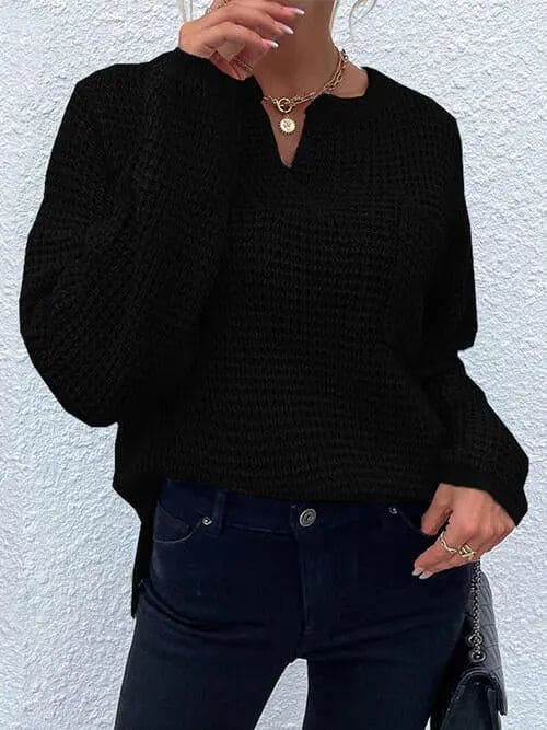 Notched Long Sleeve Sweater for Women - Cozy Knit Pullover with Ribbed Cuffs - Perfect for Fall & Winter Layering, Office Wear and Casual Outfits