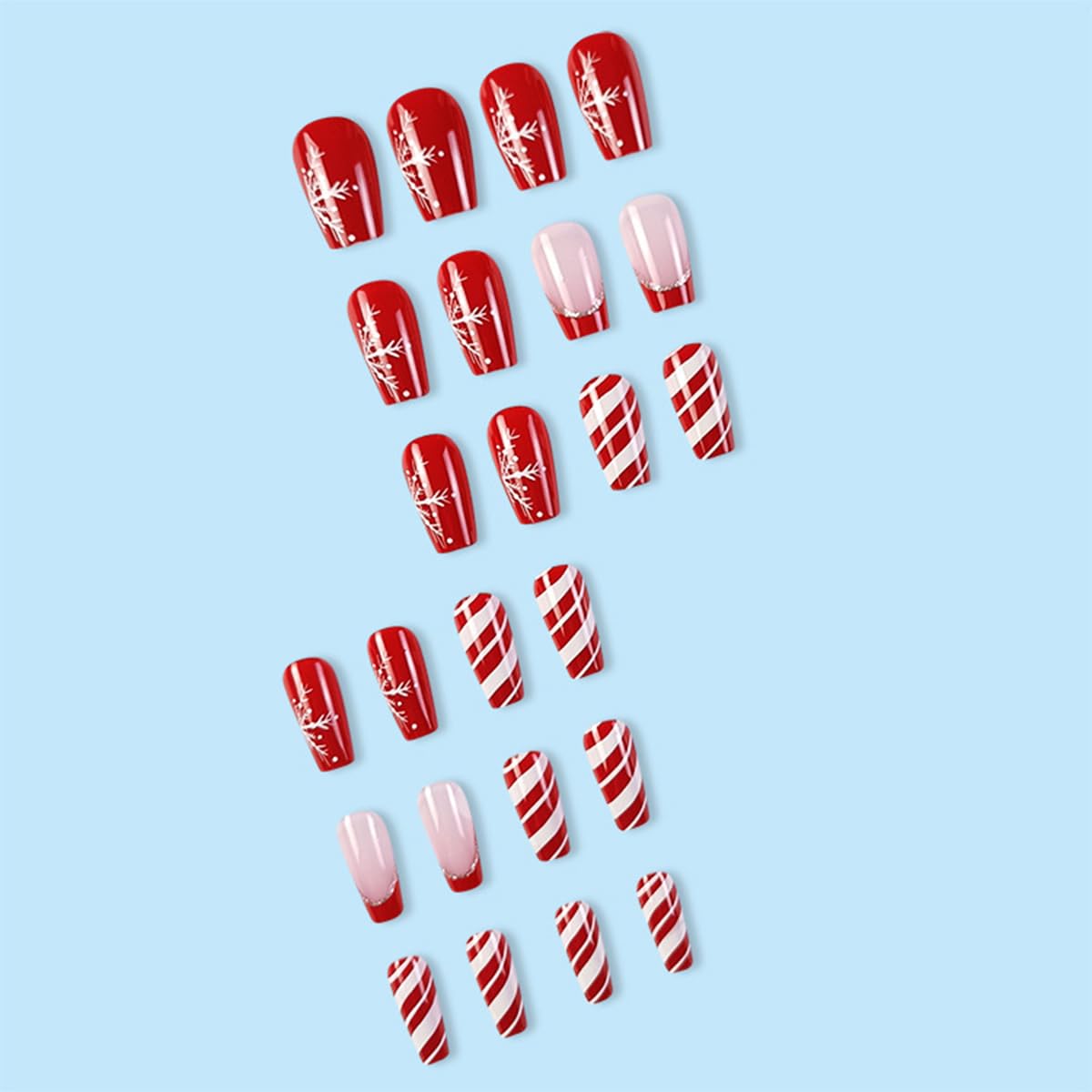 Christmas Press on Nails Short Square - 24PCS Winter Snowflake Fake Nails with Red White Stripe & French Tip Designs | Acrylic Full Cover Glue on Nails for Women | Perfect for Holiday Parties, Gift Giving & Festive Nail Art
