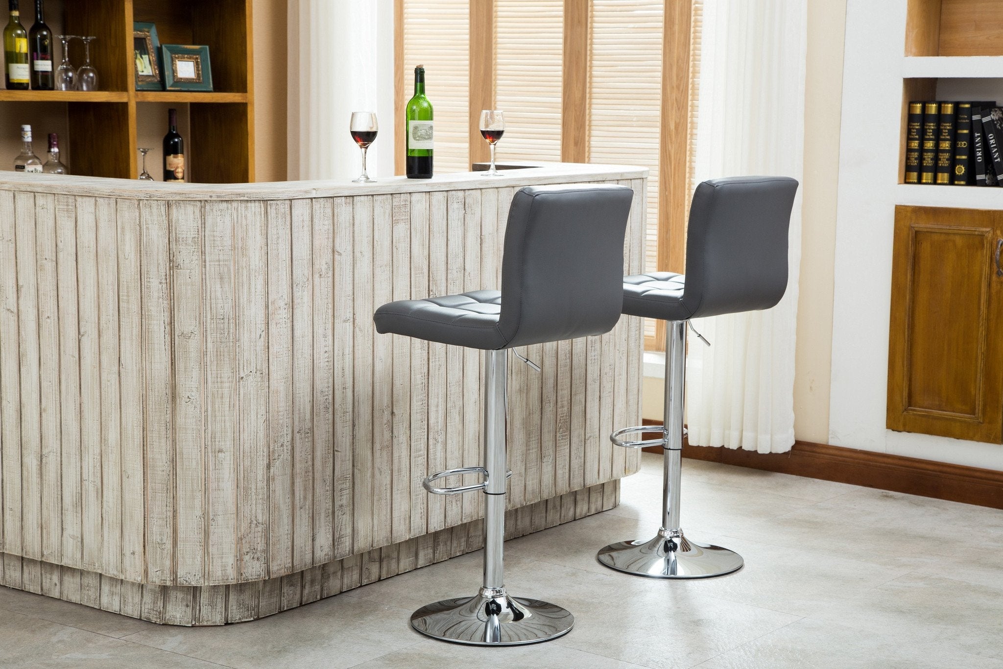 Roundhill Furniture Swivel Elegant PU Leather Modern Adjustable Hydraulic Bar Stools, Grey, Set of 2 - Perfect for Kitchen Islands, Home Bars, and Breakfast Nooks
