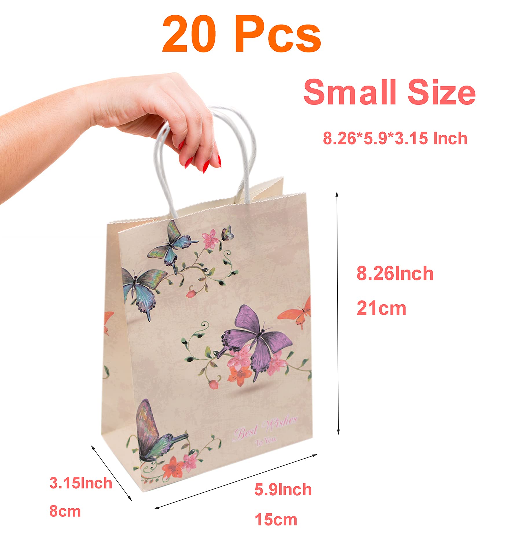20pcs Small Kraft Paper Gift Bags with Handles - Butterfly Floral Design for Baby Showers, Birthday Parties, Weddings & Christmas | Eco-Friendly Party Favor Bags for Kids Events, Restaurant Takeouts & Retail Stores (20 Pack)