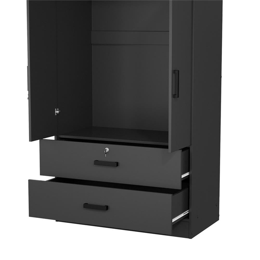 Better Home Products Grace Wood 2-Door Wardrobe Armoire with 2 Drawers - Black Wooden Closet for Bedroom Storage & Organization