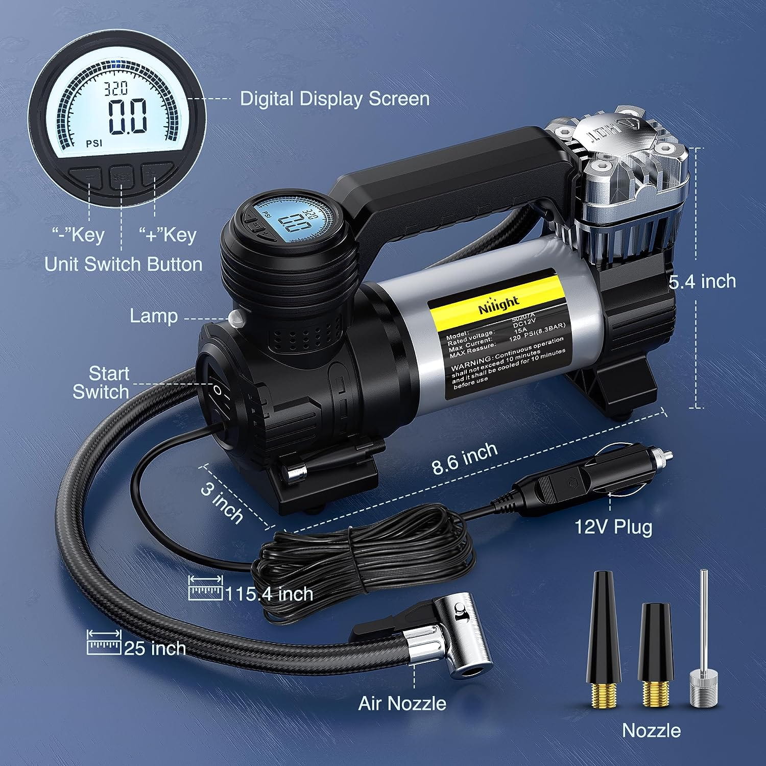 Fast Digital Tire Inflator with Double Cylinder - 120PSI Portable Air Compressor for Cars, Bikes & SUVs - Perfect for Road Trips, Emergency Use & Garage Maintenance