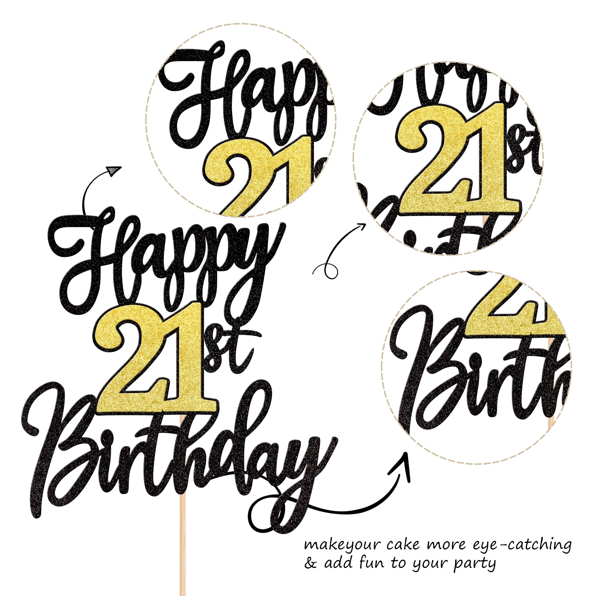 1 PCS Happy 21st Birthday Cake Topper - Black & Gold Glitter 'Cheers to 21 Years' Cake Decoration for 21st Birthday Party Supplies | Perfect for Anniversary Celebrations, Milestone Cakes & Festive Decor