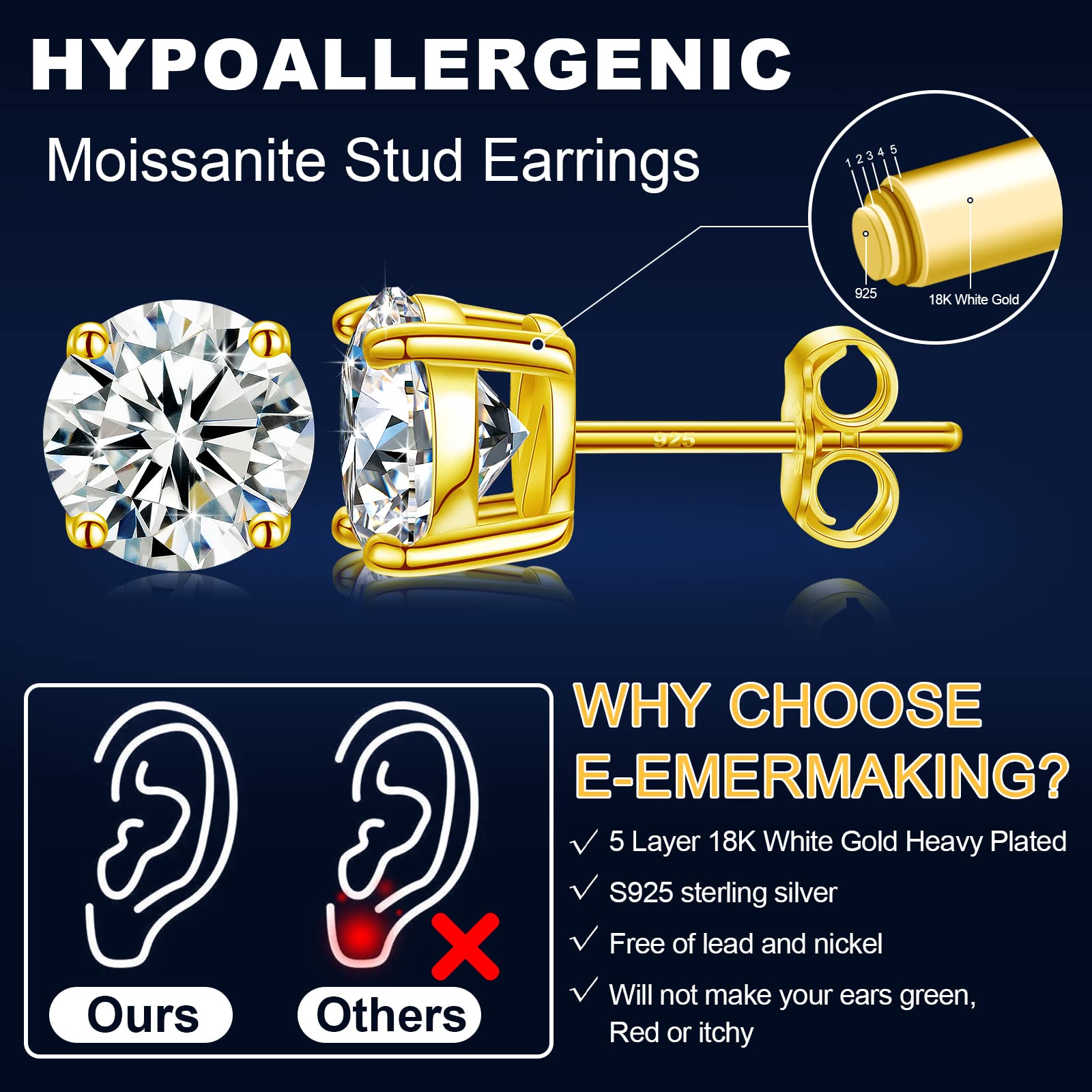 Moissanite Stud Earrings 0.2CT-8.0CT | Hypoallergenic D Color VVS1 Clarity Round Cut Lab Created Diamond Earrings | 18K Gold Plated & 925 Sterling Silver | Anniversary Gift for Women & Men | Perfect for Weddings, Date Nights & Special Occasions