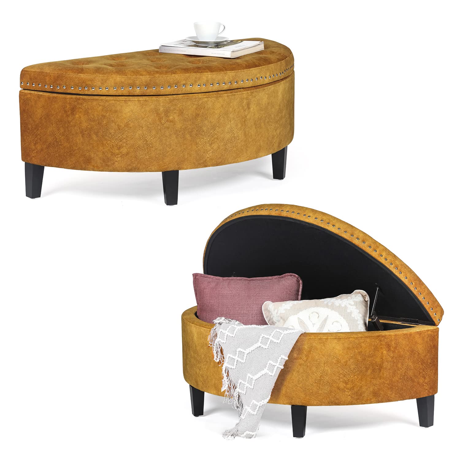 Joveco Half Moon Storage Bench - Button Tufted Ottoman Toy Chest with Storage for Bedroom, Entryway & Living Room - Dark Orange Home Organizer | Perfect for Kids' Room, Hallway & Closet Organization