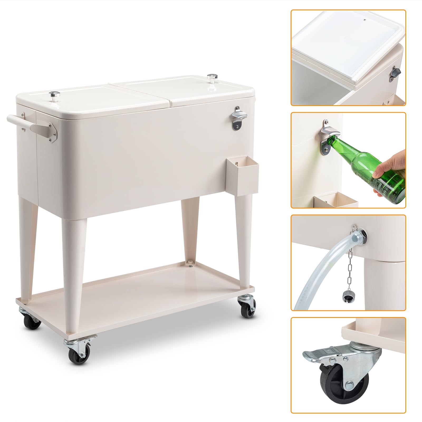 80 Quart Rolling Cooler Cart with Locking Wheels, Storage Shelf & Bottle Opener - Heavy Duty Outdoor Ice Chest for Camping, Beach, Tailgating, Backyard BBQs & Parties - Portable Beverage Cooler Trolley for Drinks & Food Storage