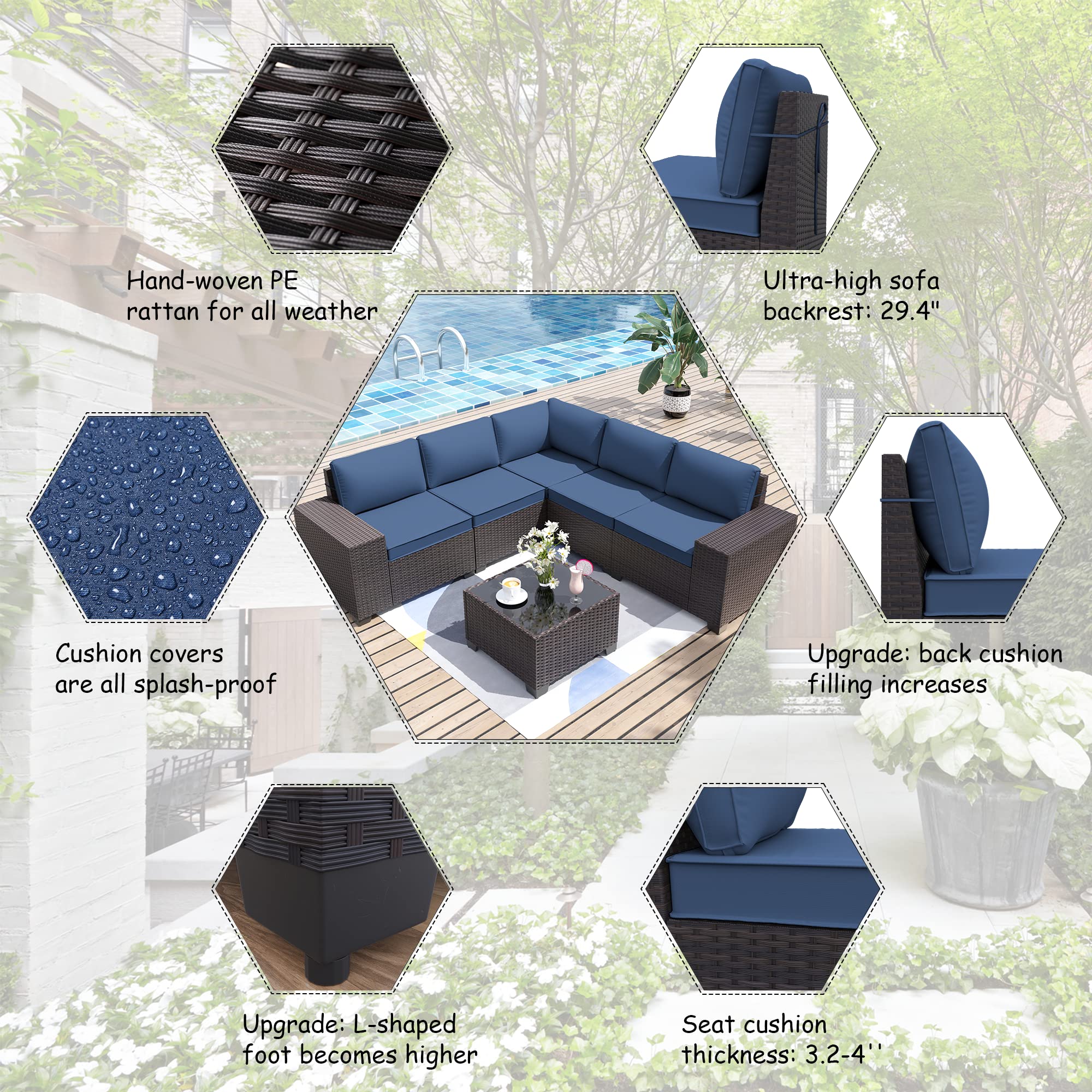 ALAULM 6-Piece Patio Furniture Set - All-Weather PE Rattan Wicker Outdoor Sectional Sofa with 5 Navy Blue Cushions & Coffee Table - Perfect for Backyard, Garden, Poolside & Deck Relaxation