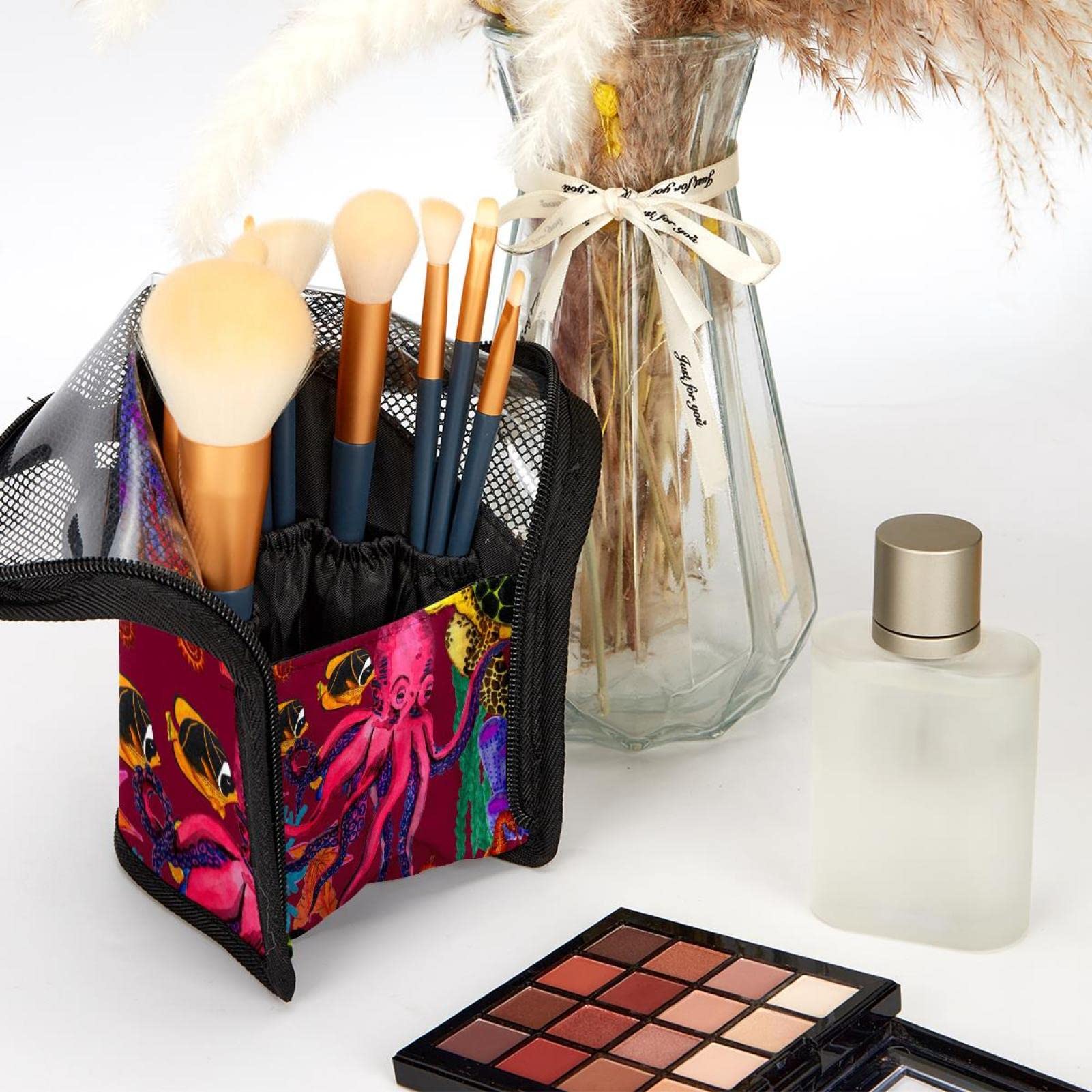 Portable Makeup Brush Organizer Bag with 12 Slots - Cute Turtle Fish Seahorse & Octopus Design - Travel Cosmetic Brush Holder Case for Makeup Artists & Beauty Enthusiasts | Perfect for Travel, Home Vanity & Professional Makeup Kits