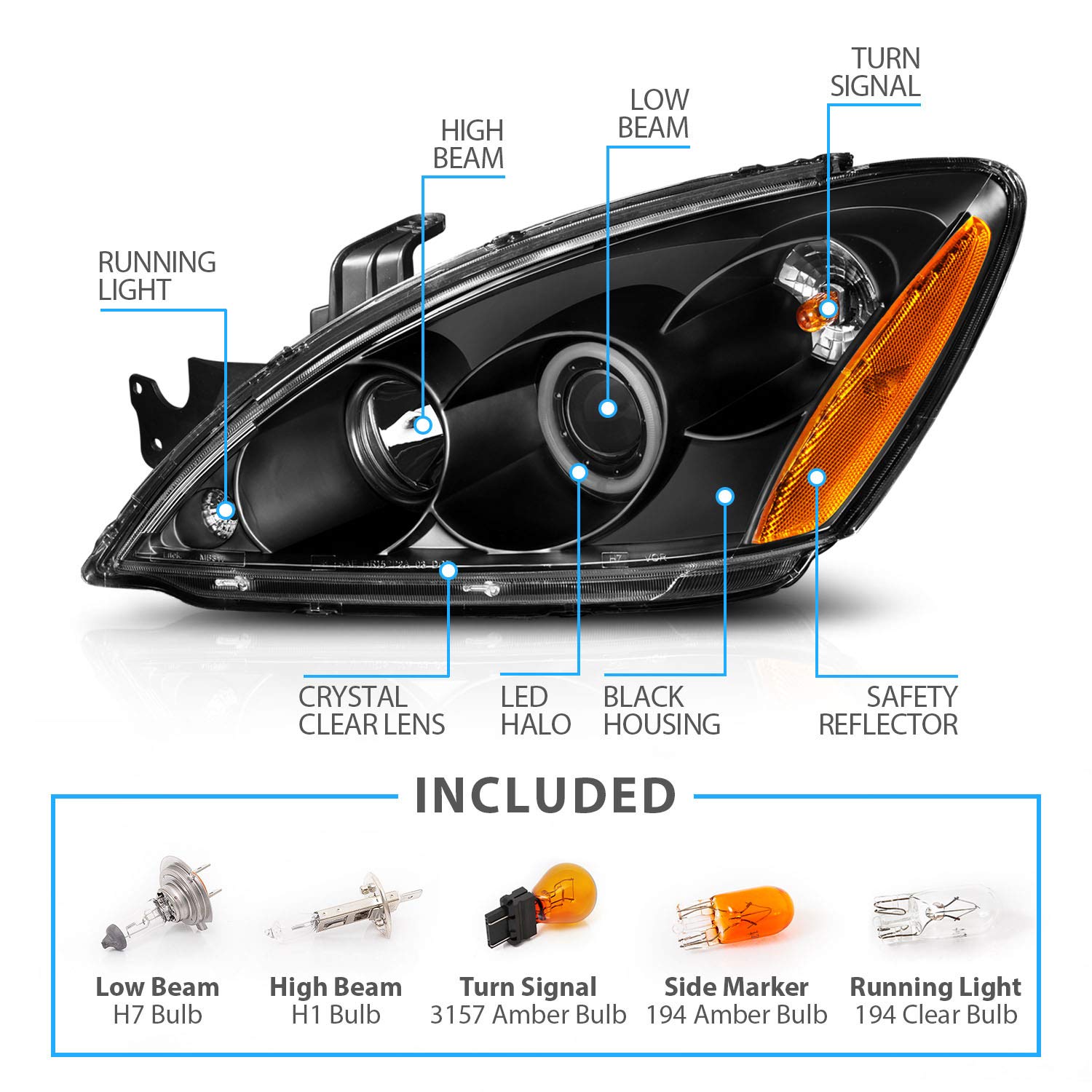 AmeriLite Black Xtreme LED Halo Projector Headlights Replacement Set - Compatible with Mitsubishi Lancer (Passenger & Driver Side) | High-Performance Lighting Upgrade for Night Driving & Enhanced Visibility