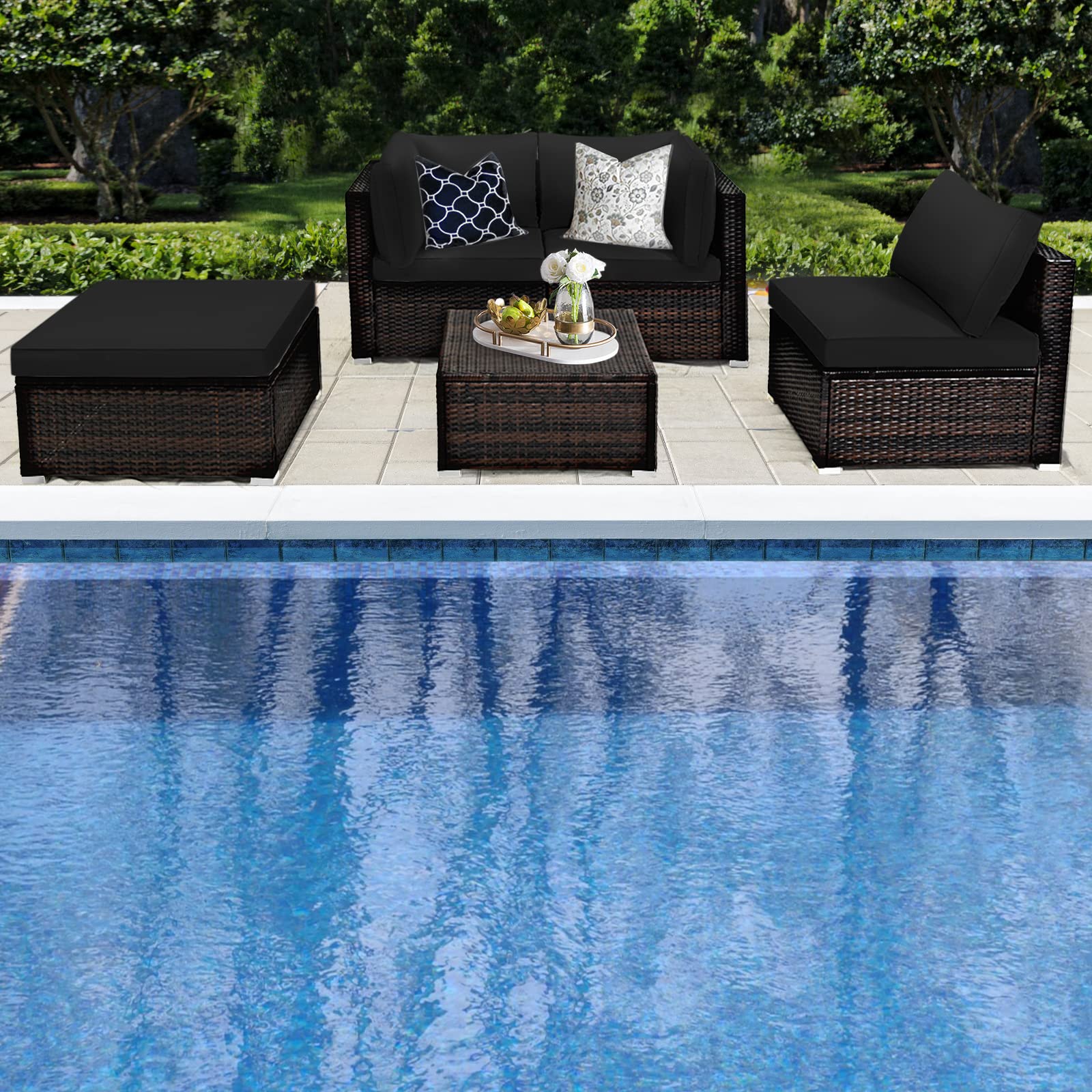 HAPPYGRILL 5-Piece Patio Furniture Set - Outdoor/Indoor Rattan Sectional Sofa with Anti-Slip Foot Pads, PE Wicker Conversation Set Includes 2 Ottomans & Cushions - Perfect for Backyard, Porch, Garden, Poolside Relaxation & Entertaining