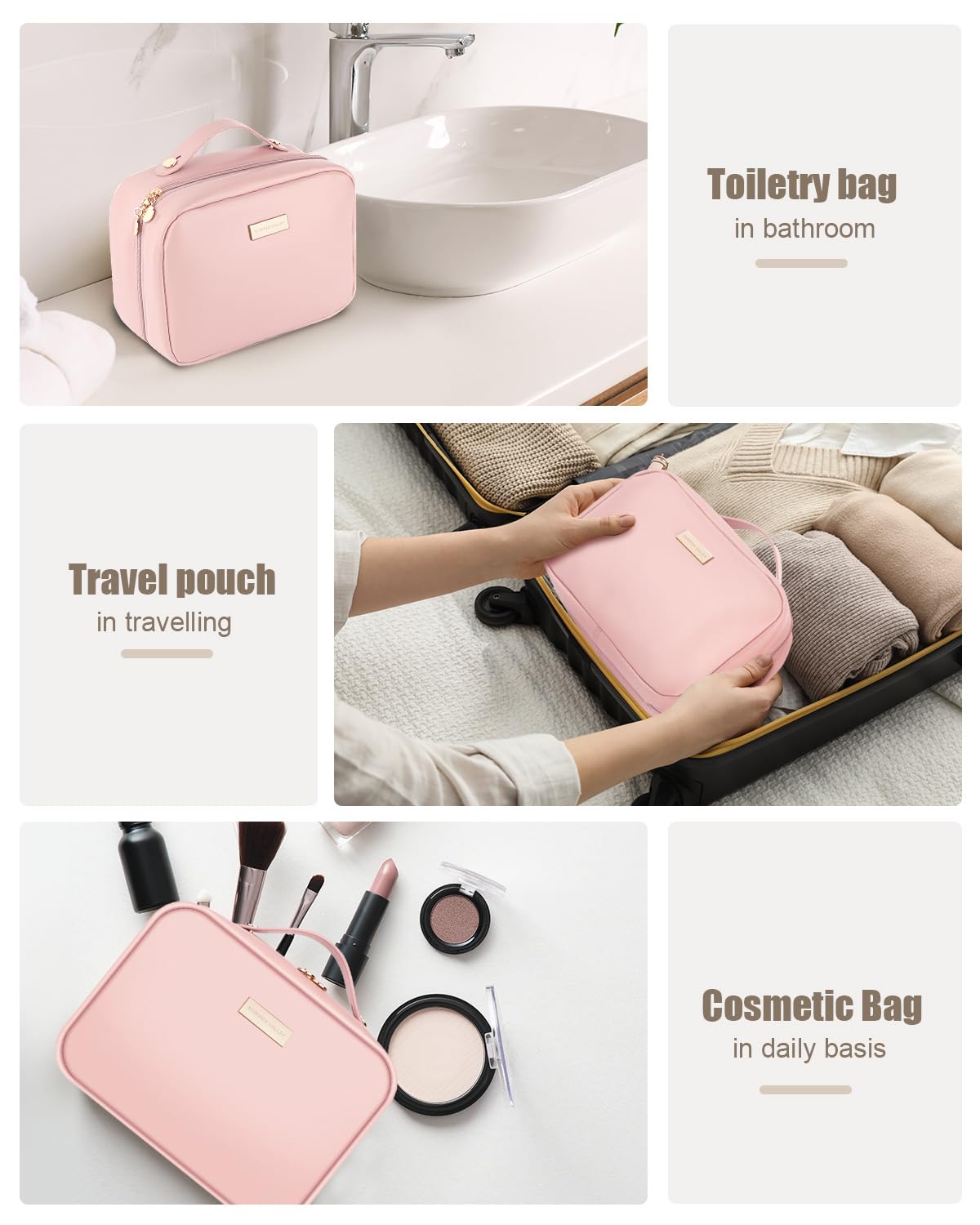 Waterproof Large Capacity Makeup Bag for Women - Travel Toiletry Organizer with Wide Carry Handle, Portable PU Cosmetic Bag for Business & Vacation (Pink) | Perfect for Airplane Carry-on, Gym Essentials & Daily Beauty Storage