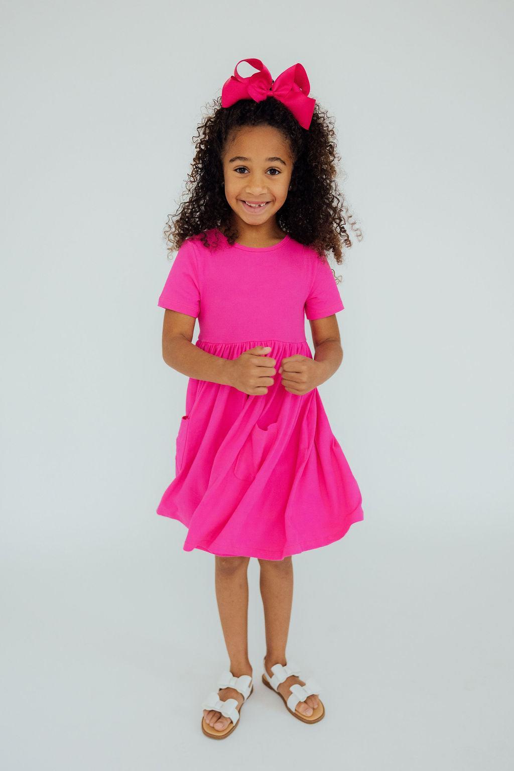 Hot Pink Short Sleeve Pocket Twirl Dress for Women - Flowy Summer Party Dress with Pockets for Weddings, Vacations & Date Nights