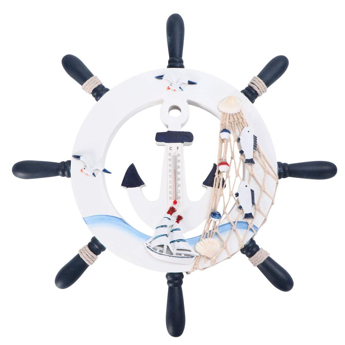 Wooden Coat Hook Wall Decor - Nautical Rudder Design Hanging Ornament for Home, Living Room & Bedroom - Blue and White Wall Art for Keys, Hats & Towels