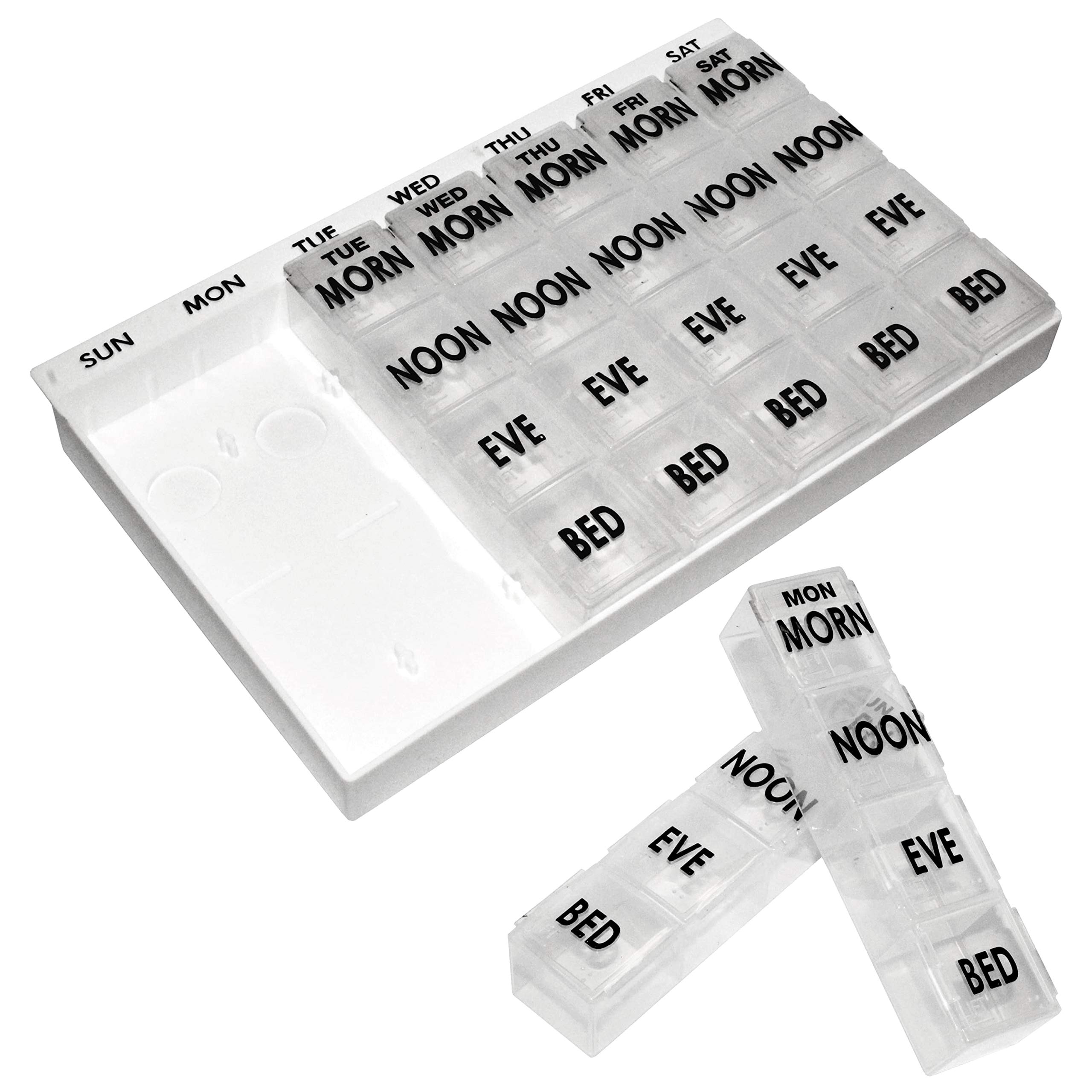 28 Compartment Weekly Pill Organizer - Daily Medicine Box for Vitamins & Supplements - Perfect for Travel, Home & Office Use