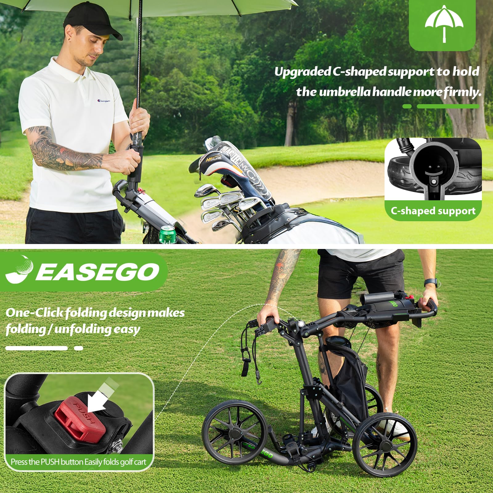 3 Wheel Golf Push Cart - Foldable Golf Bag Cart with Phone Holder, Cup Holder & Umbrella Holder | Compact Quick-Fold Design with Large Wheelbase for All Terrains | Perfect for Golf Courses, Driving Ranges & Outdoor Practice