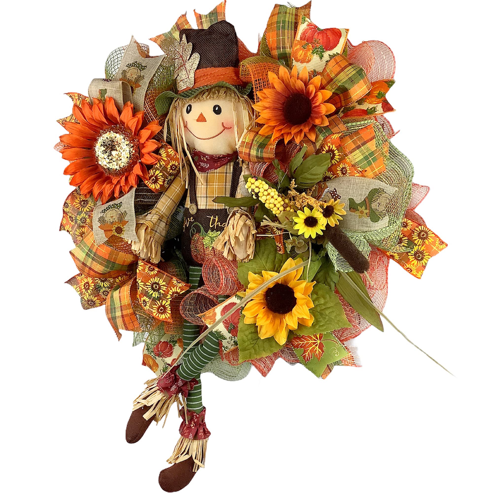 Handmade Fall Scarecrow Wreath with Sunflowers, Autumn Leaves & Bow - Rustic Front Door Decor for Autumn Season | Perfect for Thanksgiving, Halloween & Seasonal Home Decoration