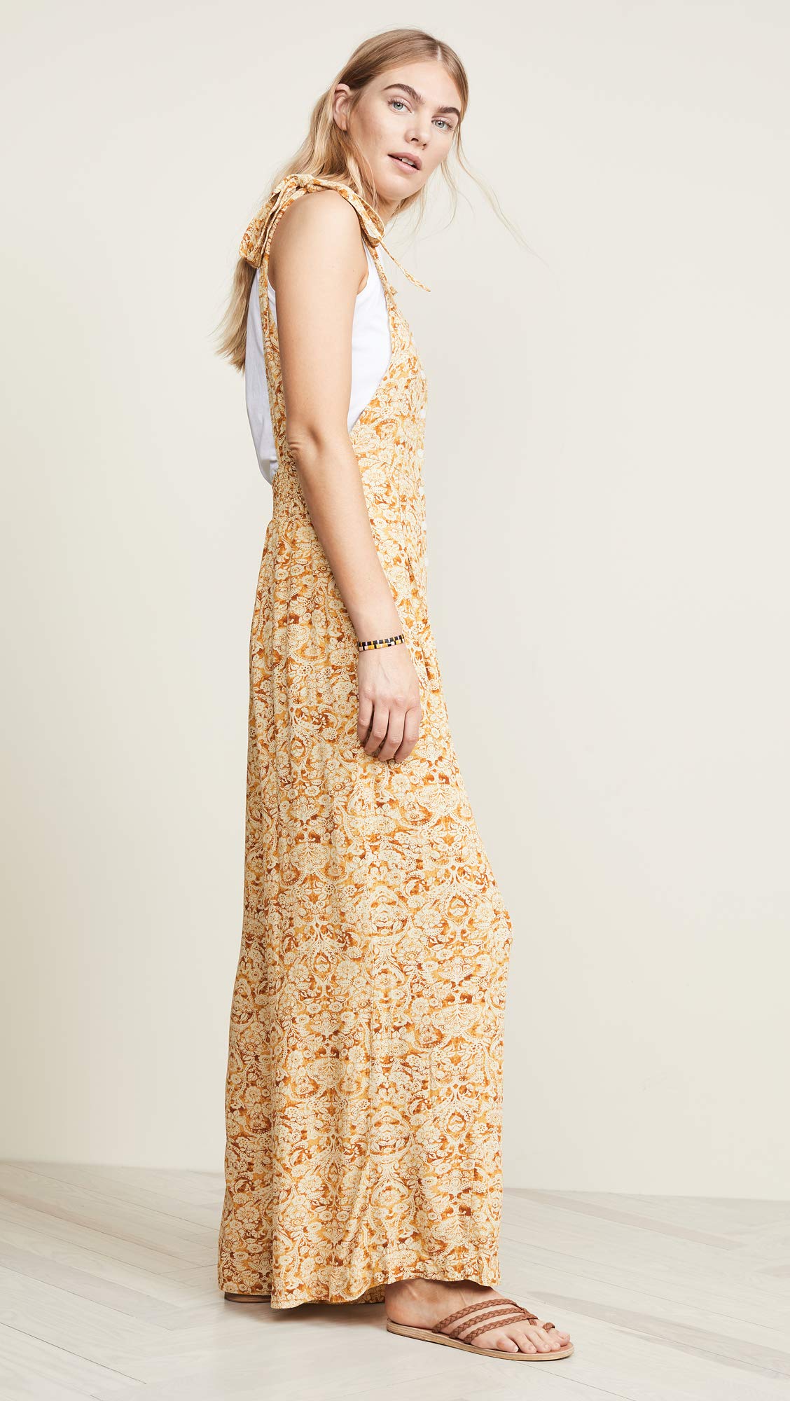 Free People Women's Sugar Sands Jumpsuit - Camel Combo Tan Floral Print Romper (Size Small) | Boho Chic Beachwear for Summer Vacations & Music Festivals