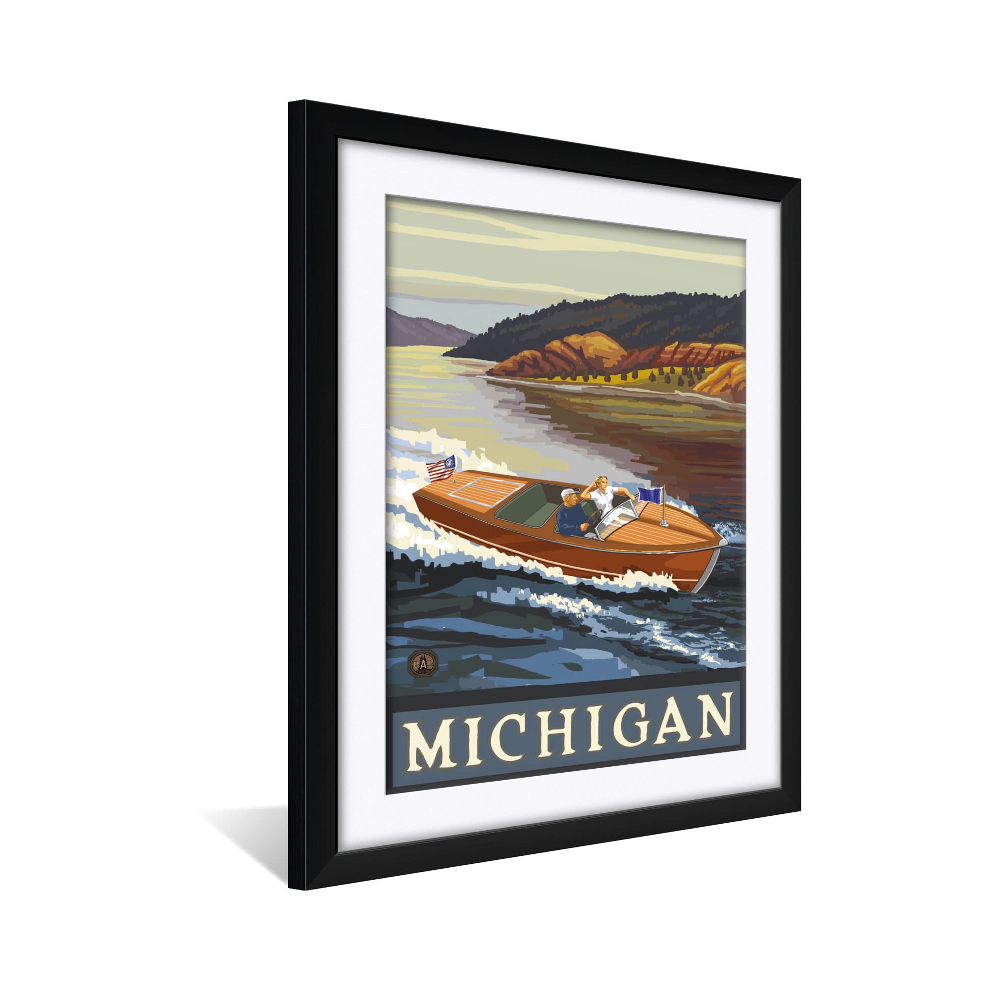 Michigan Wooden Boat Lake Framed Art Print 24x30 Inches - Paul A. Lanquist Travel Artwork - Professional Matted Wall Decor for Living Room, Office & Lake House