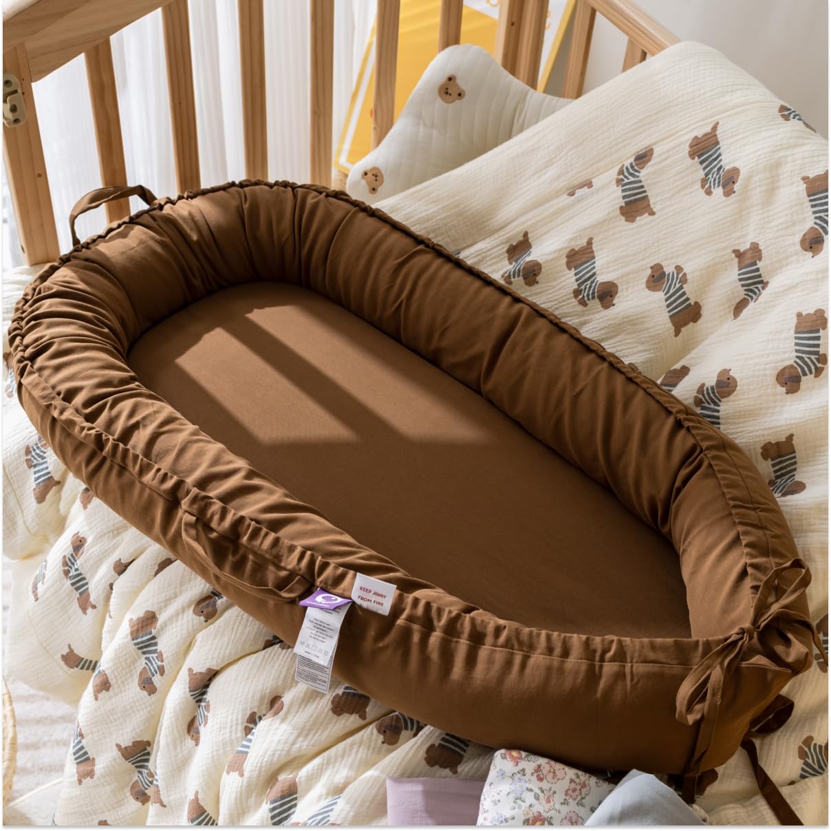 **Soft & Breathable Infant Lounger - 100% Cotton Baby Nest Cover for Newborns 0-12 Months | Portable Travel Bed for Boys & Girls | Perfect for Nursery, Travel & Co-Sleeping (Brown, Cotton)**