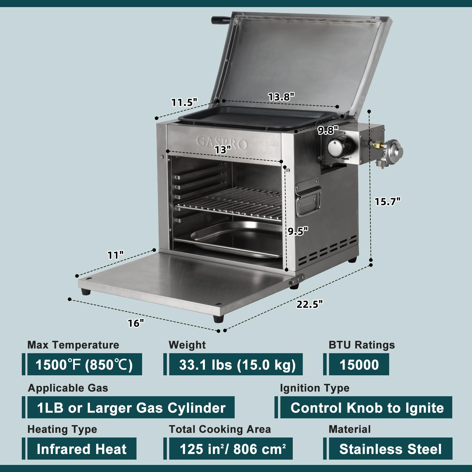 GASPRO 2-in-1 Propane Infrared Steak Grill with XL Cast Iron Griddle - 125 in² Large Cooking Area, Foldable Dustproof Design - Perfect for Outdoor BBQ, Camping & Backyard Parties