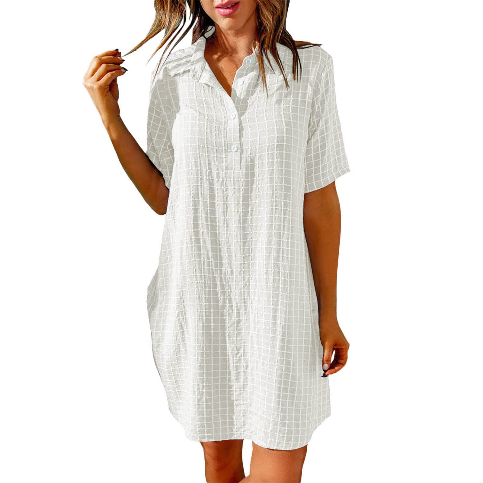 Women's Casual Short Sleeve Button Down Shirt Dress - Summer Petite & Plus Size Flowy Tunic for Beach, Office & Everyday Wear