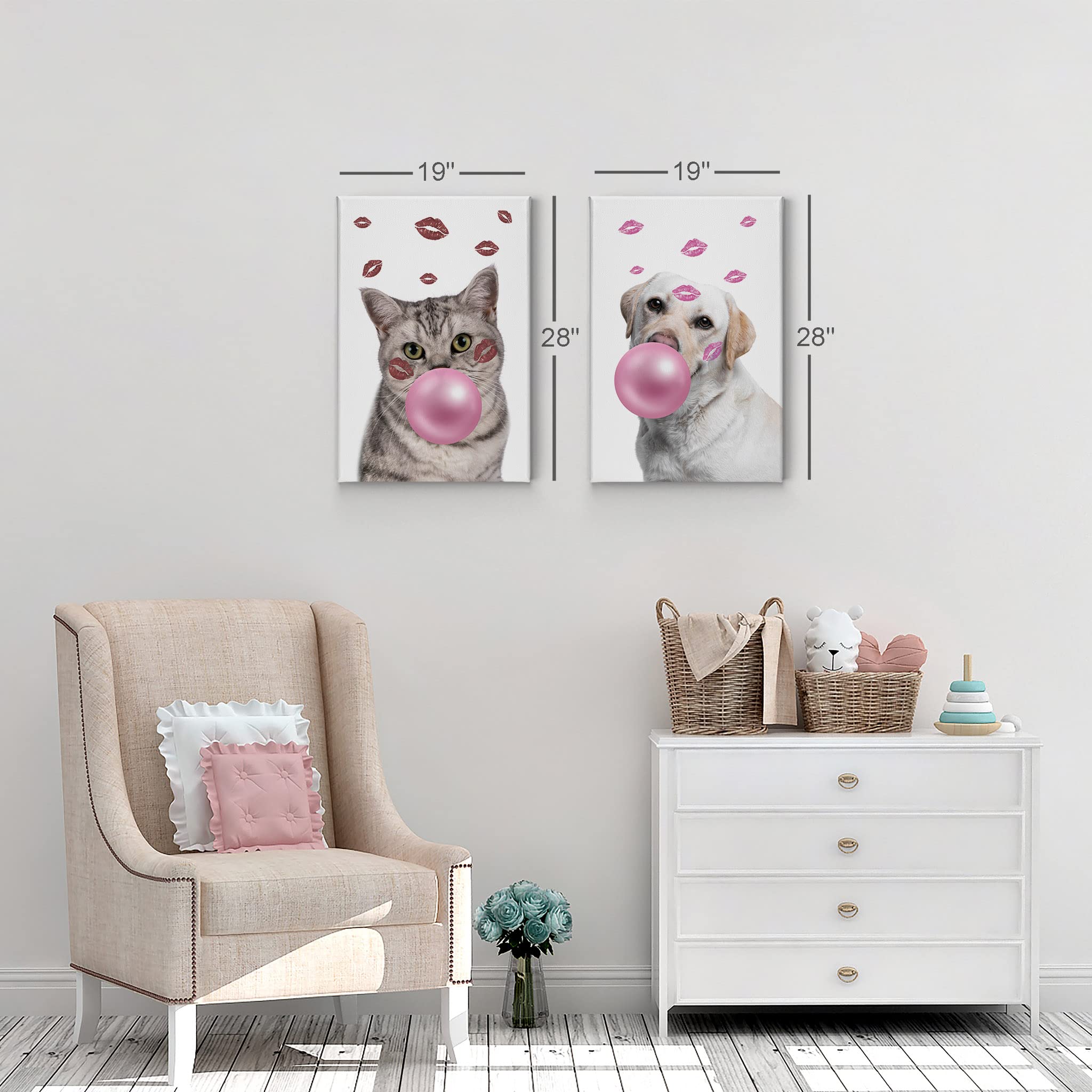 Brazilian Shorthair Cat & Golden Retriever Dog Chewing Bubble Gum Pop Art Canvas Prints Set of 2 - 40x30 Inches Animal Wall Art for Living Room, Bedroom, Nursery & Kids Room Decor - Fun Pet Lover Gift Idea