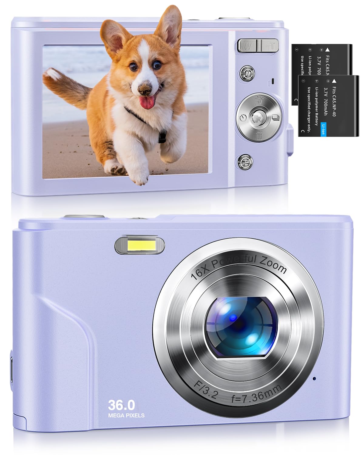 1080P Kids Digital Camera with 36MP, 16X Zoom & Anti-Shake - Compact Portable Video Camera with Dual Batteries & Time Stamp - Perfect Christmas Birthday Gift for Children, Teens, Boys & Girls (Purple) - Great for Travel, School Projects & Family Memories