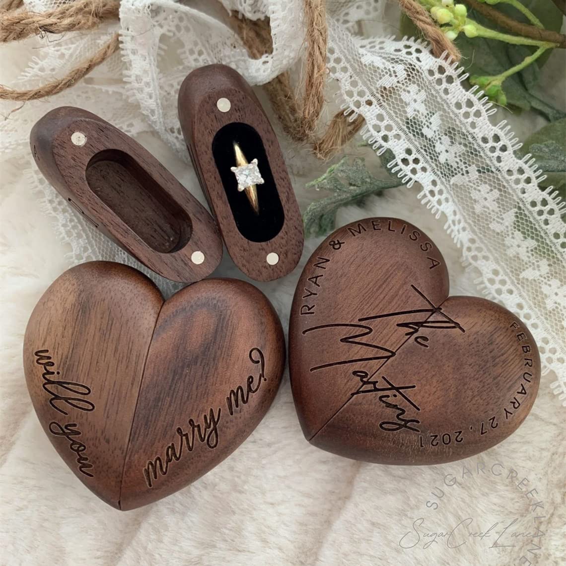 Personalized Wooden Ring Box - Heart Shaped Custom Engraved Wedding Engagement Proposal Ring Case - Anniversary & Valentine's Day Gift for Her - Romantic Jewelry Storage for Proposals, Weddings & Special Occasions