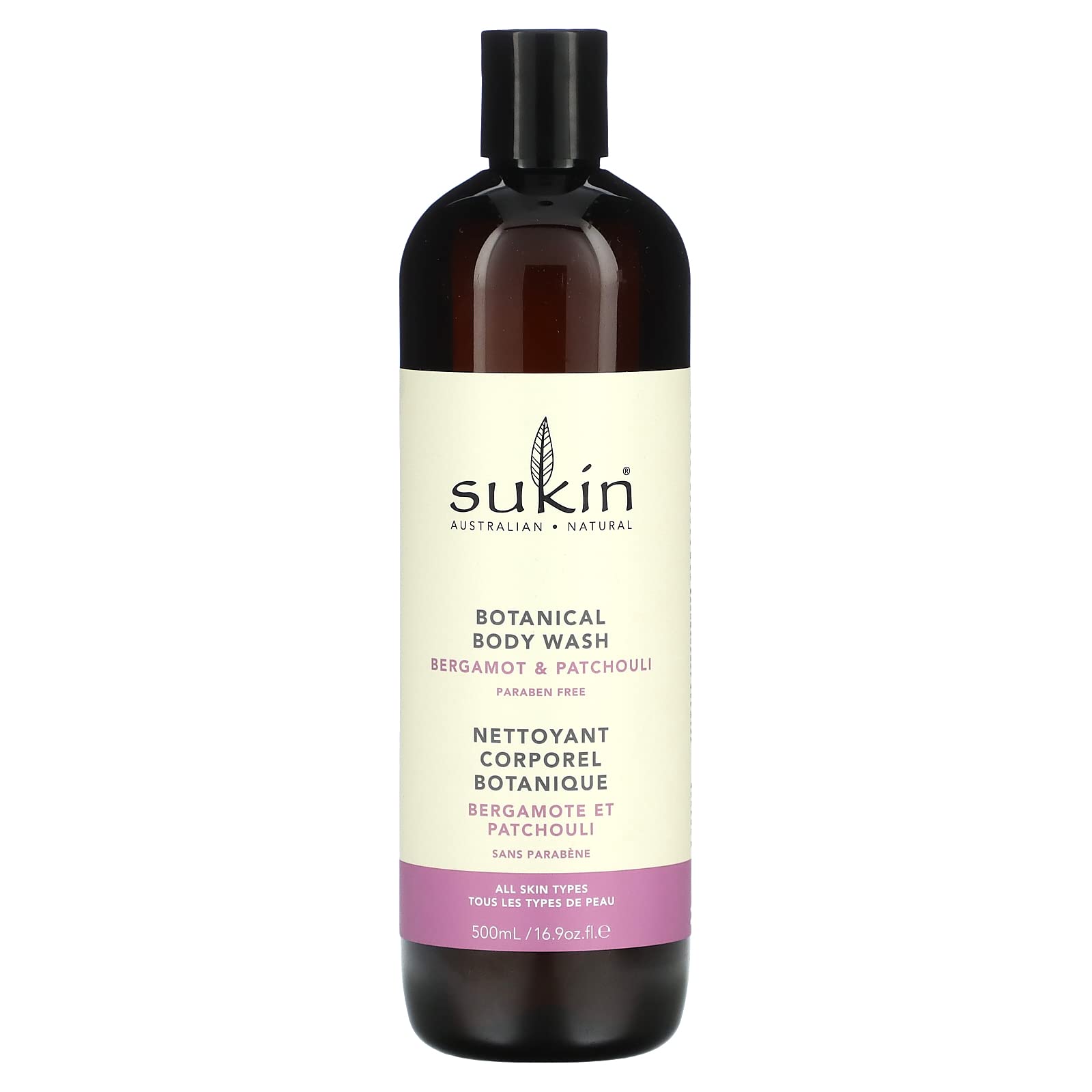 SUKIN Bergamot & Patchouli Botanical Body Wash 500ml - Natural & Vegan Body Cleanser for Dry & Sensitive Skin - Refreshing Shower Gel for Daily Use & Spa Relaxation