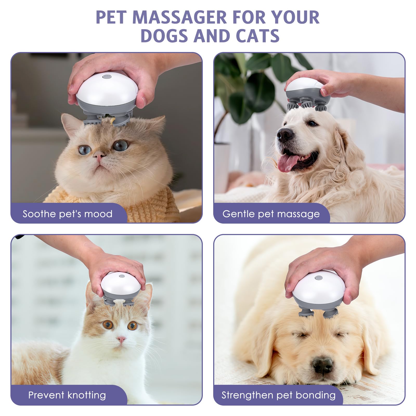 Electric Pet Massager for Dogs & Cats - 4 Rotating Heads with 96 Massage Nodes, Handheld Scalp & Back Massager for Muscle Relaxation & Stiffness Relief - Perfect for Grooming, Bonding & Pain Relief at Home
