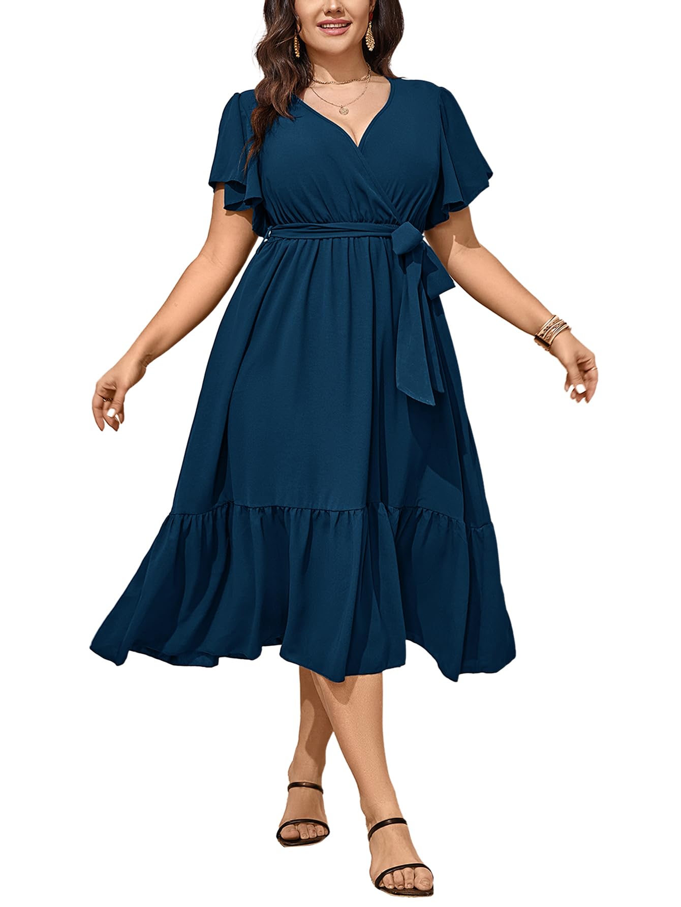 Plus Size Wedding Guest Dress for Women - Summer Wrap V-Neck Short Sleeve Belted Ruffle Hem A-Line Flowy Maxi Dress | Perfect for Weddings, Parties & Special Occasions