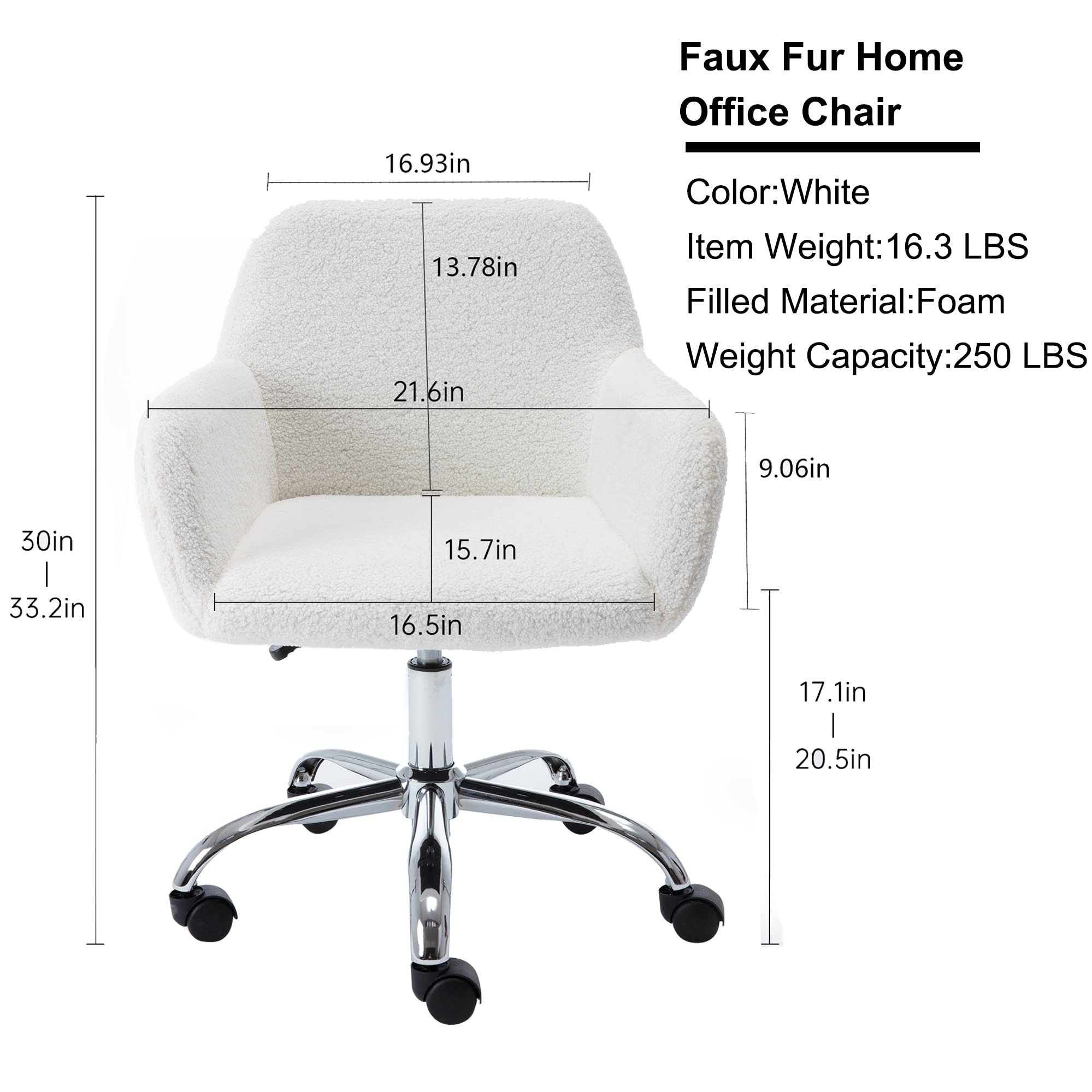 HomVent Swivel Chair with Padded Back & Arms - Upholstered Faux Fur Office Desk Chair, White Vanity Makeup Chair - Perfect for Home Office, Study Room, Living Room & Bedroom
