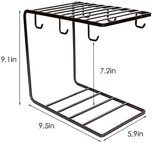 Black Metal Tea & Coffee Cup Holder with 6 Hooks - Kitchen Cabinet & Dining Table Organizer for Mugs, Plates & Utensils - Perfect for Small Space Storage & Home Decor