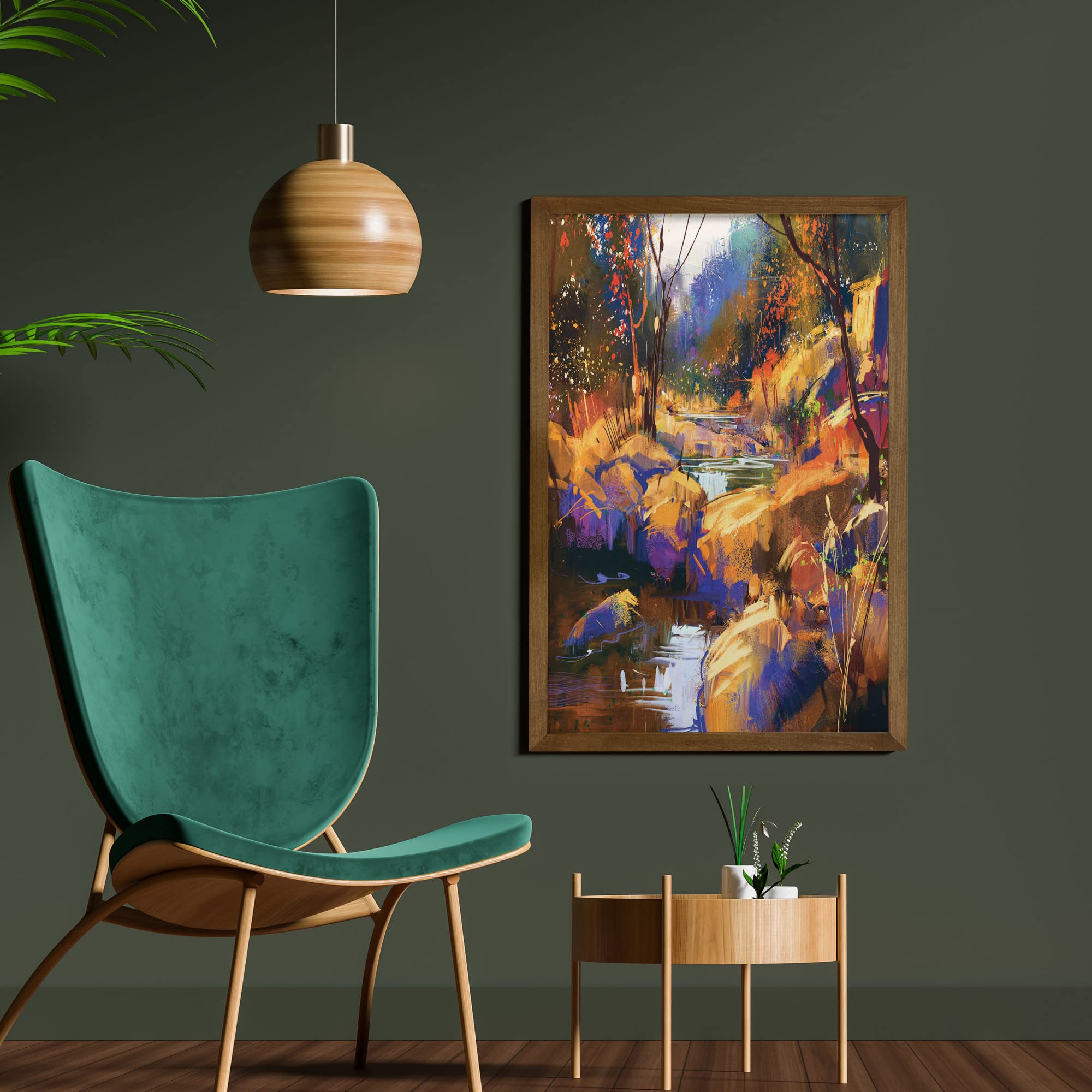 Ambesonne Fantasy Framed Wall Art - Vivid Dreamy Landscape with Water & Bedrocks Spring Scene Print - Teak Wood Frame Fabric Decor for Home & Dorm - 23x35 Inches Tan Orange - Perfect for Living Room, Bedroom & Office Decor