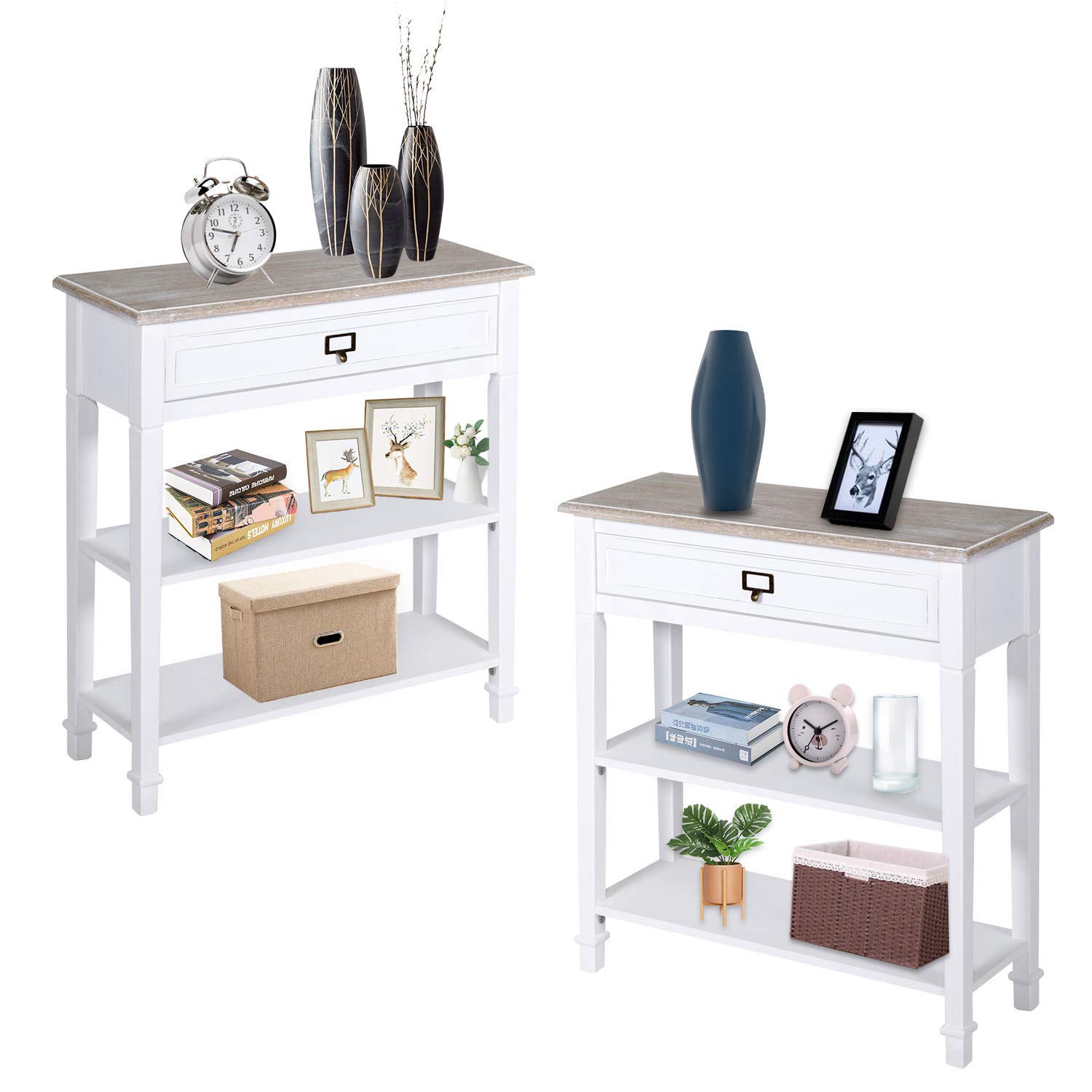Kinsuite 2-Tier White Small Console Table with Drawer & Shelf - Wooden Entryway Sofa Table with Storage for Hallway, Living Room | Perfect for Narrow Spaces & Home Decor