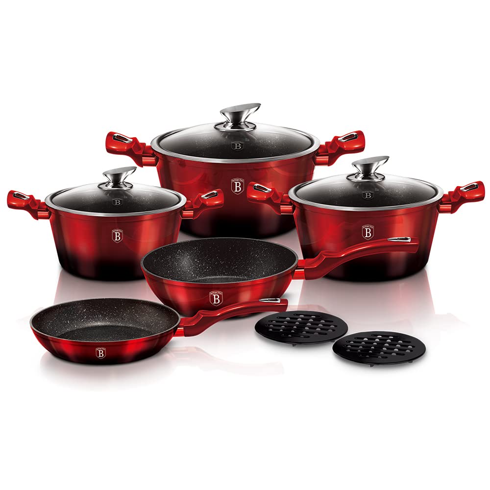 Berlinger Haus 10-Piece Nonstick Cookware Set with Tempered Glass Lids - Includes Casserole, Deep Fry Pan, Fry Pan & Bakelite Mats - Ergonomic Soft-Touch Handles for Safe Cooking - Perfect for Family Dinners, Meal Prep & Professional Kitchens