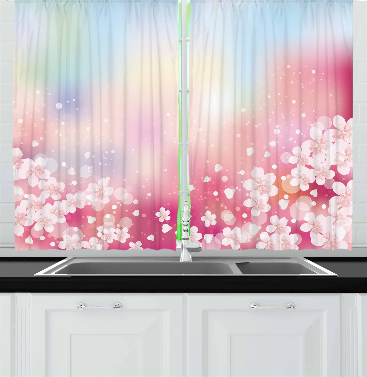 Ambesonne Pastel Long Kitchen Curtains - Japanese Cherry Blossom Sakura Tree Design, Romantic Dreamy Drapes with Rod Pocket, 55