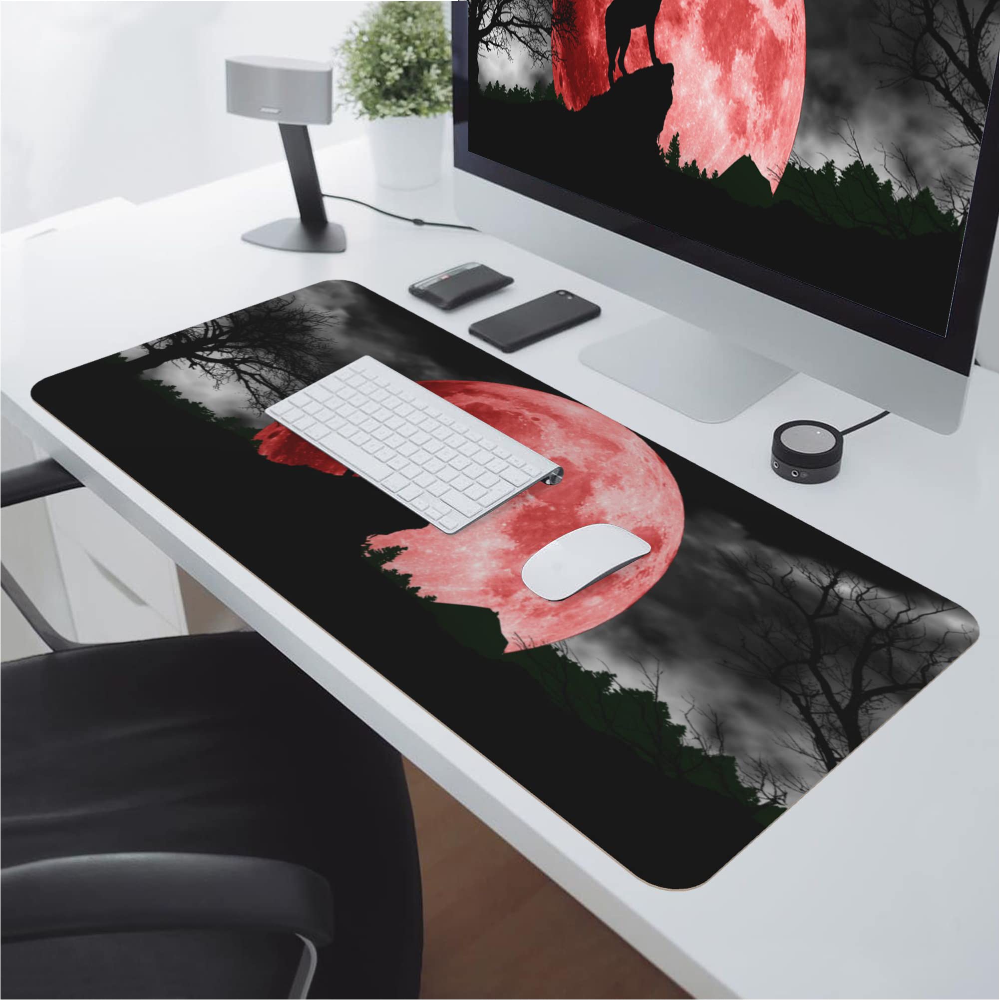 Premium Extended Gaming Mouse Pad - Wolf & Red Moon Design, Non-Slip Rubber Base with Stitched Edges (31.5