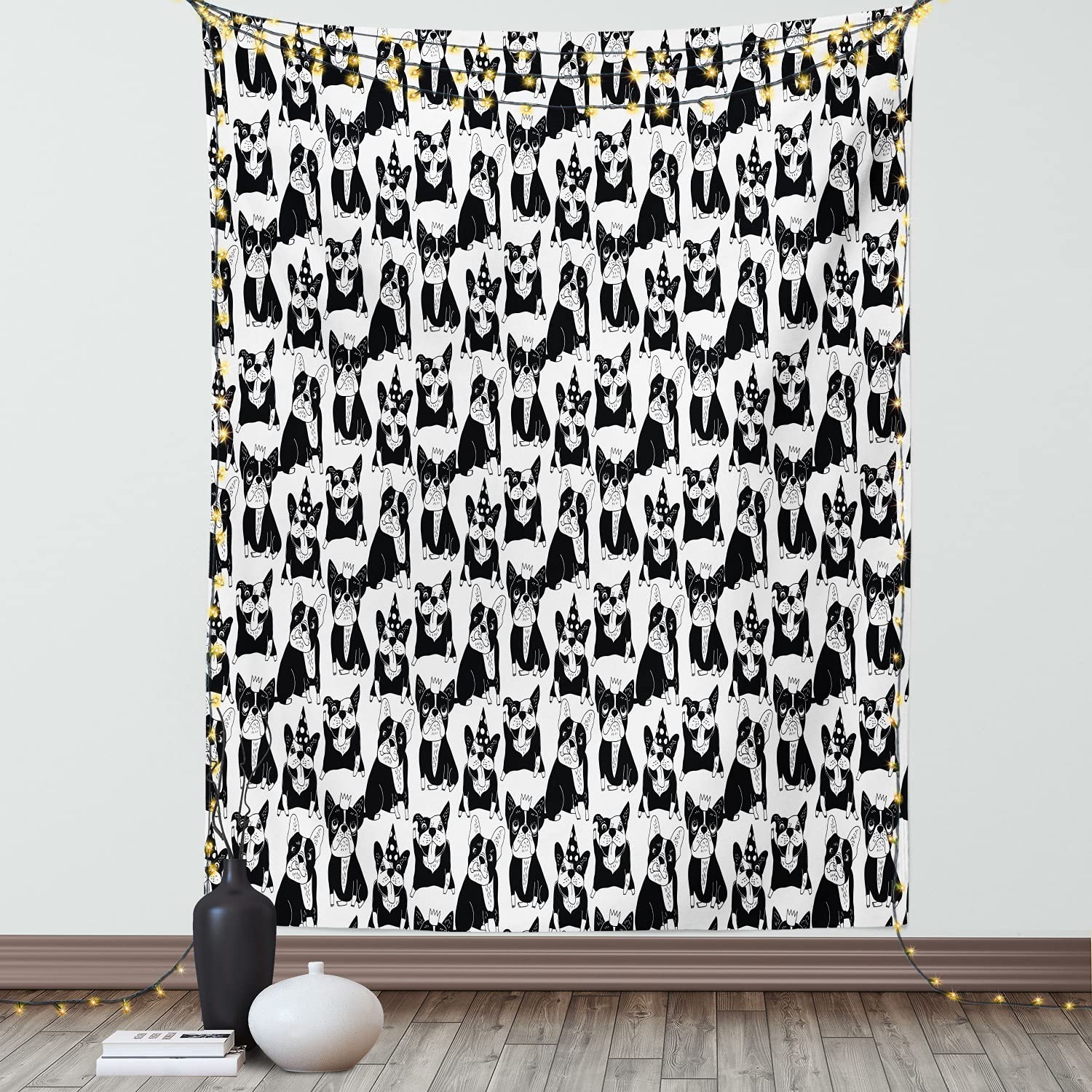 Ambesonne Bulldog Tapestry Wall Art - Playful Doodle Style Dog Design with Party Hats & Crowns, 40x60 Inch Black White Pet Decor for Bedroom, Living Room, Dorm - Perfect for Animal Lovers & Home Decoration
