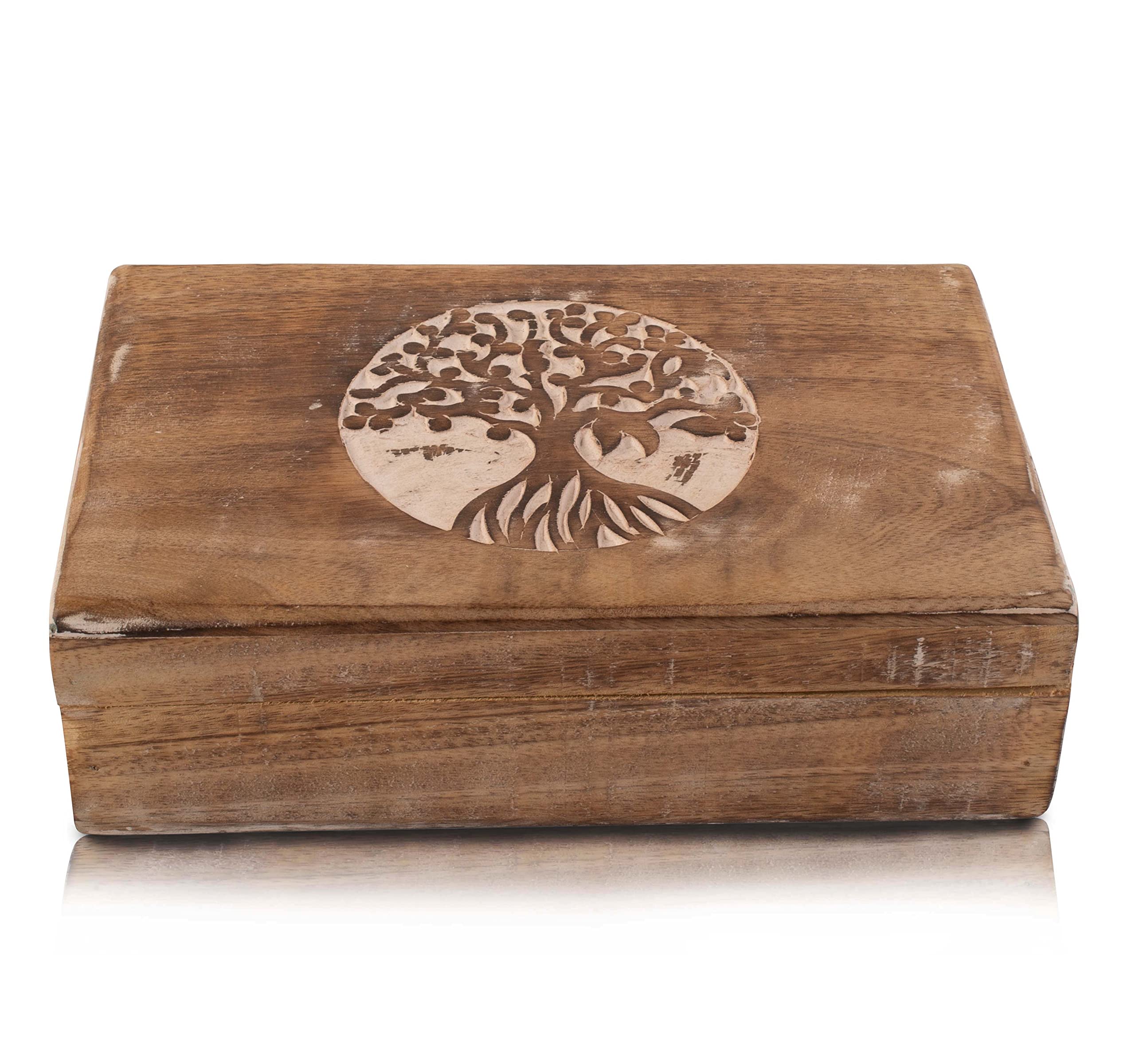 Handmade Wooden Jewelry Box with Tree of Life Carving - Jewelry Organizer, Keepsake Box, Watch Storage - Perfect for Birthday Gifts, Housewarming, Anniversary & Travel Accessories (White)