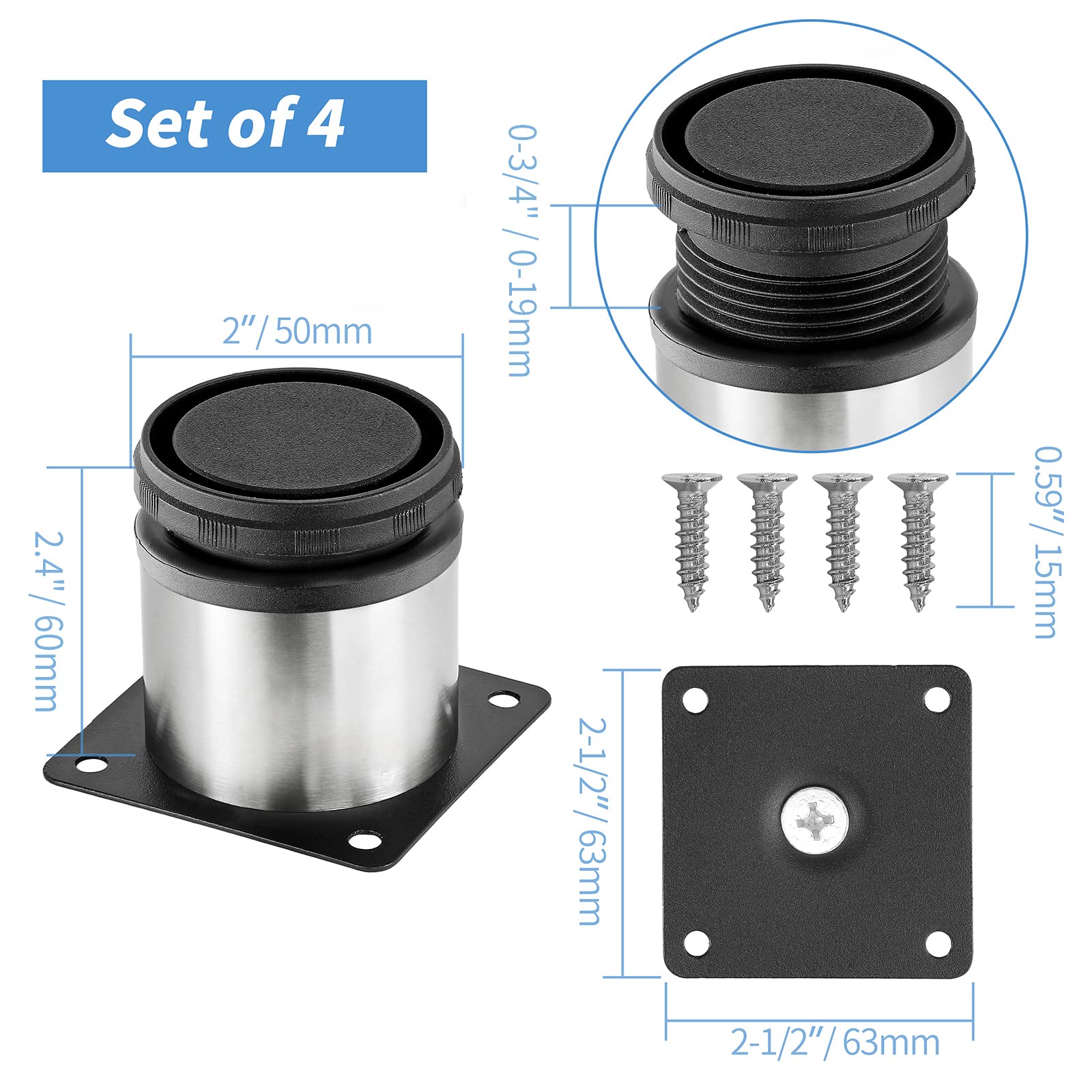 2.5 Inch Stainless Steel Adjustable Furniture Legs - Round Metal Table Legs for Coffee Table, Cabinet, Desk, Sofa & Shelves (Pack of 4) - Durable & Stylish Home Decor Upgrade for Living Room, Office & Kitchen