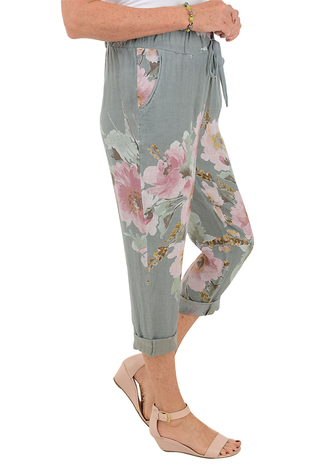 Stylish Grey Floral Linen Lounge Pants for Women - Soft Comfortable Elastic Waist Casual Pants for Home, Yoga, and Relaxation