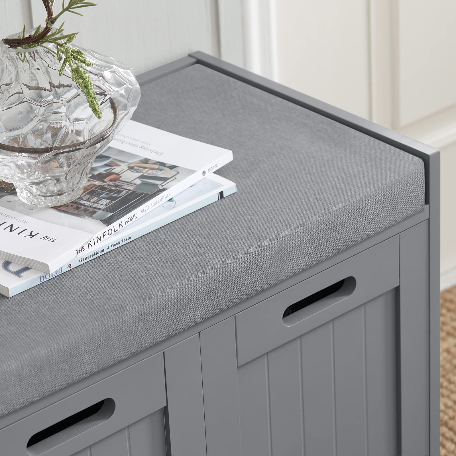 Haotian Storage Bench with 2 Cabinets, 1 Drawer & Removable Cushion - Multifunctional Entryway Shoe Organizer Bench for Hallway, Bedroom, Nursery - Grey FSR80-SG | Perfect for Small Space Organization & Shoe Storage Solutions