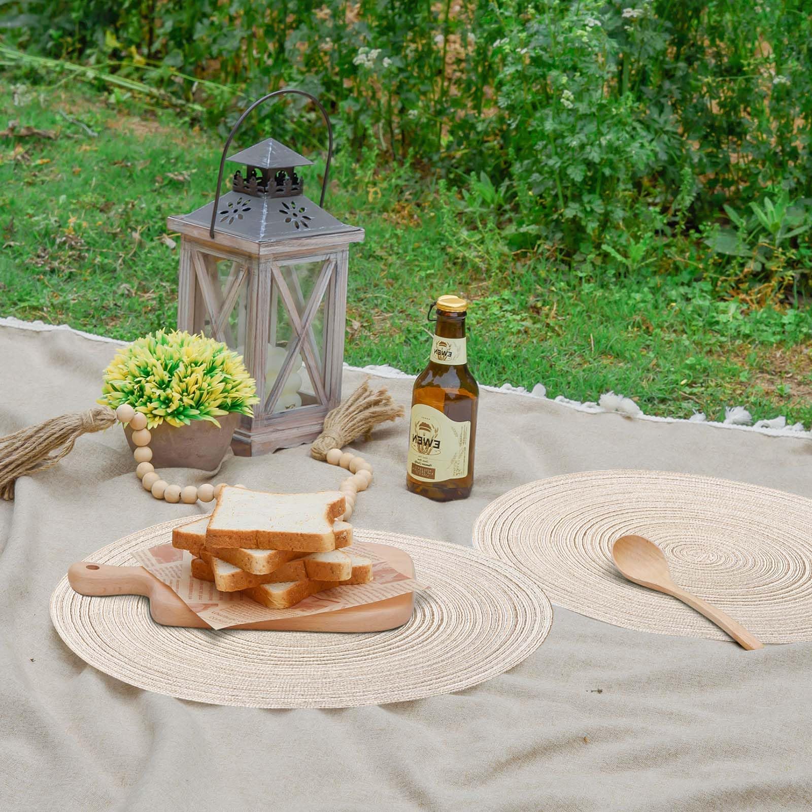 Natural Woven Round Braided Placemats Set of 6 - 15 Inch Heat Resistant Table Mats for Dining Room Decor, Kitchen & Outdoor Picnic (Beige)