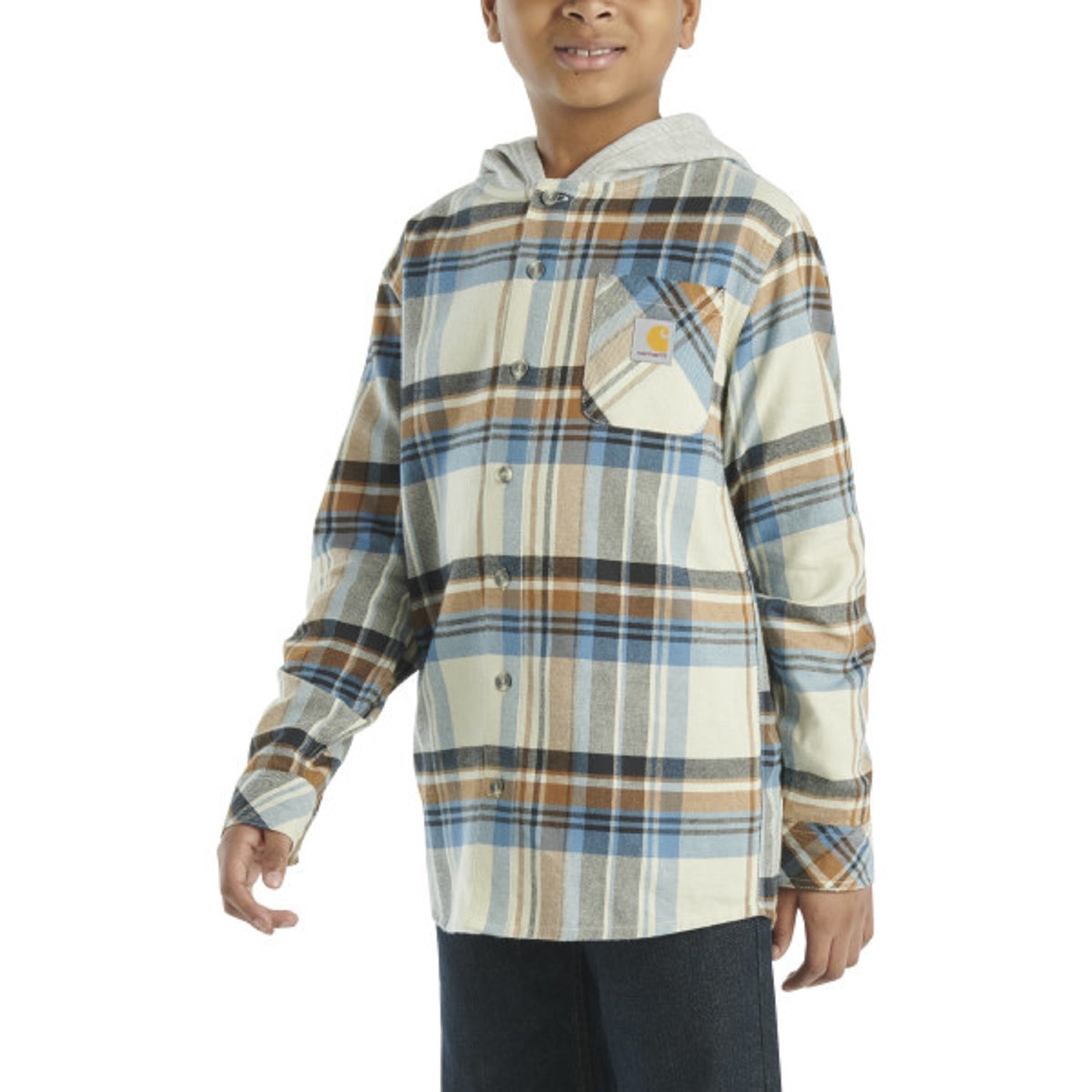 Carhartt Boys' Long Sleeve Flannel Button-Up Hooded Shirt - Warm & Durable for Outdoor Play, School & Winter Adventures