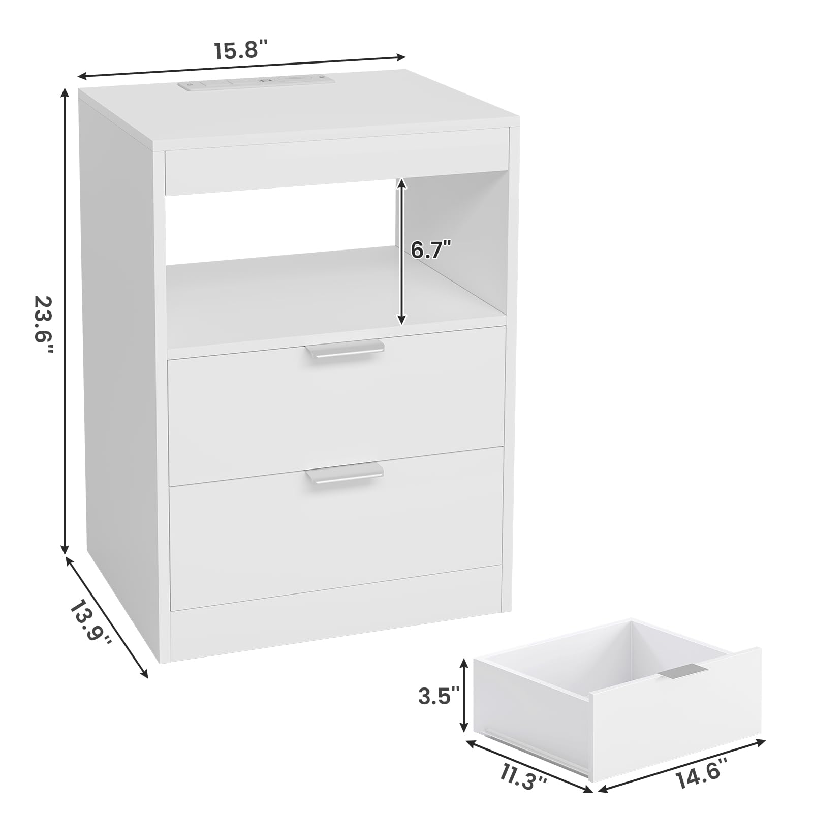 ADORNEVE Modern LED Nightstand with Wireless Charging - White Wooden Bedside Table with 2 Drawers & Pull-Out Shelf, USB Ports & Touch Control Lights - Perfect for Bedroom, Living Room & Small Spaces