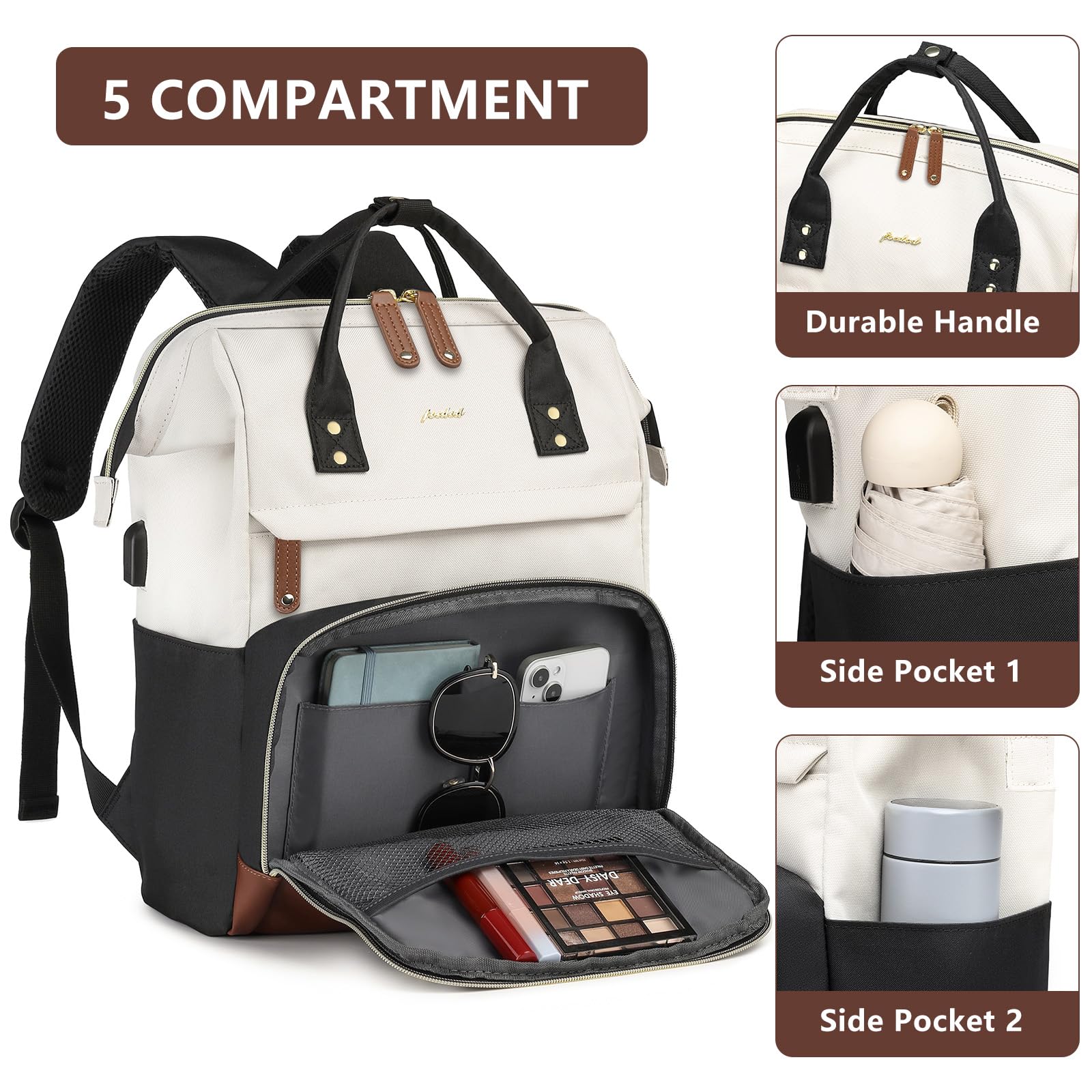 Stylish Women's Waterproof Laptop Backpack - Fits 15.6 Inch Notebook, Durable Travel & Work Bag for Business Professionals & College Students (Beige/Black/Brown) - Perfect for Commuting, Business Trips & Campus Life
