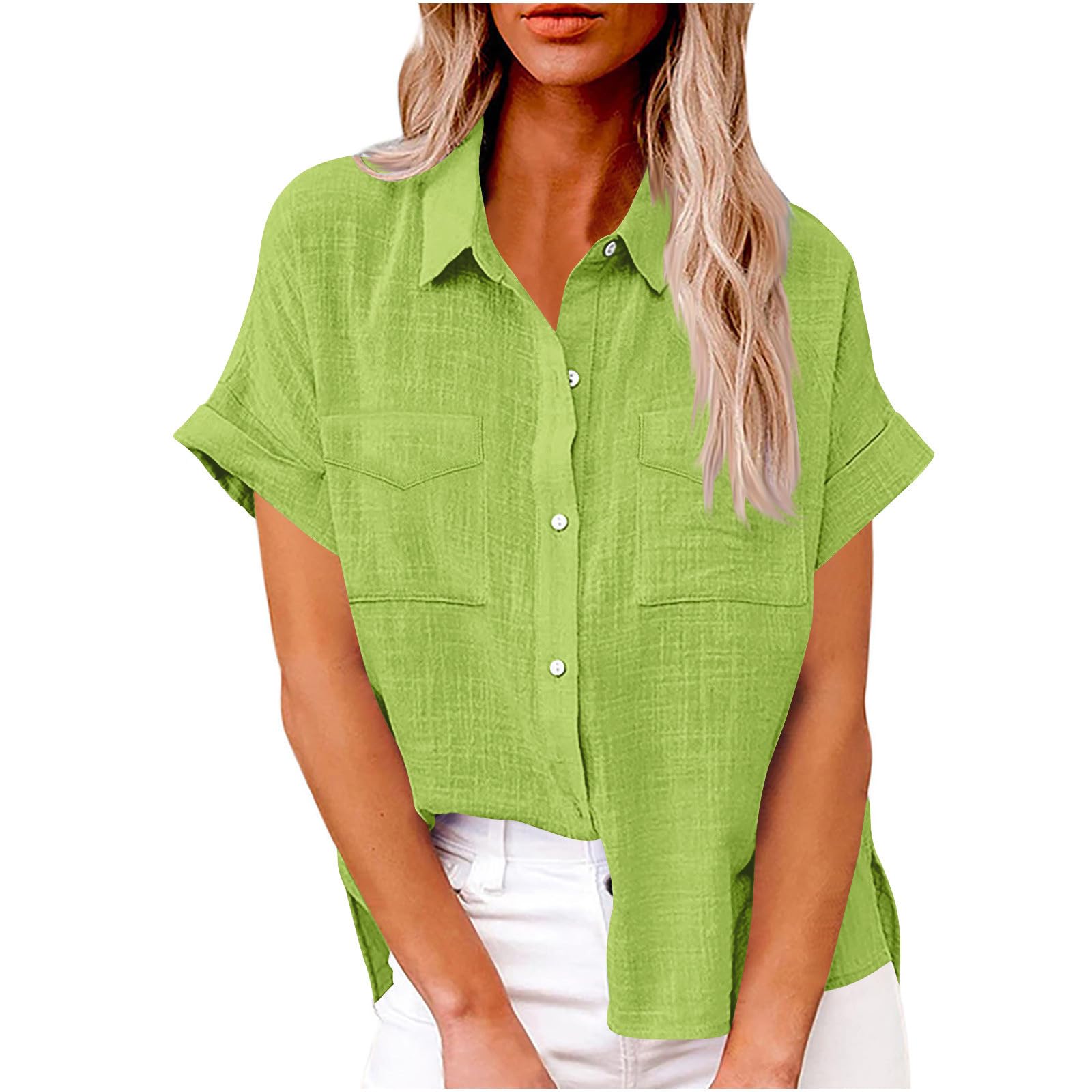 Women's Linen Button Down Shirt - Short Sleeve Roll Up Blouse with Loose Collar | Summer Casual Top for Work, Travel & Outdoor Activities